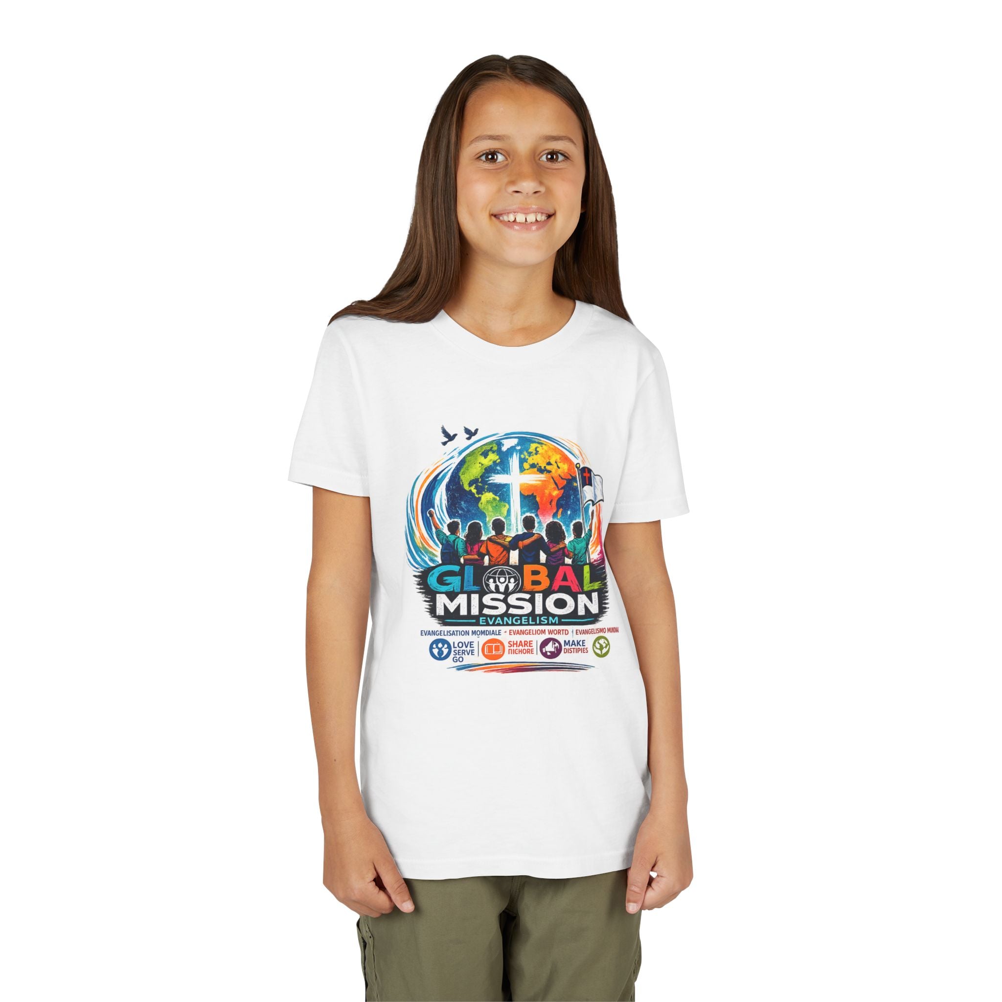 Youth Tee — Global Mission Kids Christian T‑Shirt with Cross & World Design