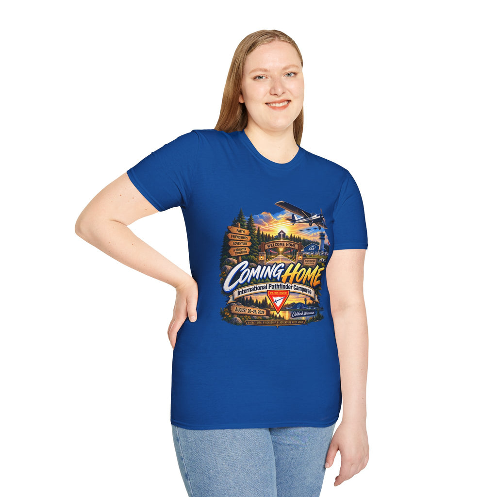 International Pathfinder Camporee 2029 (Stand Strong)- Coming Home T-Shirt — Vintage Airplane Sunset Travel Tee