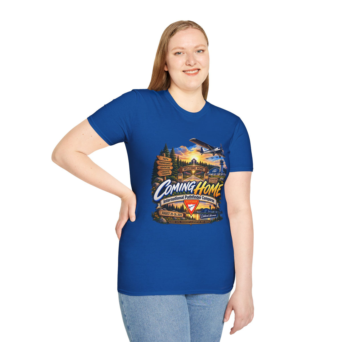International Pathfinder Camporee 2029 (Stand Strong)- Coming Home T-Shirt — Vintage Airplane Sunset Travel Tee