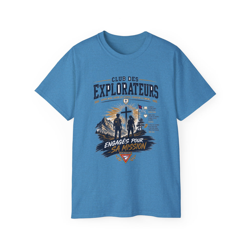 Explorateurs engagés dans leur mission T-shirt | Croix chrétienne silhouette, design d’insigne de foi