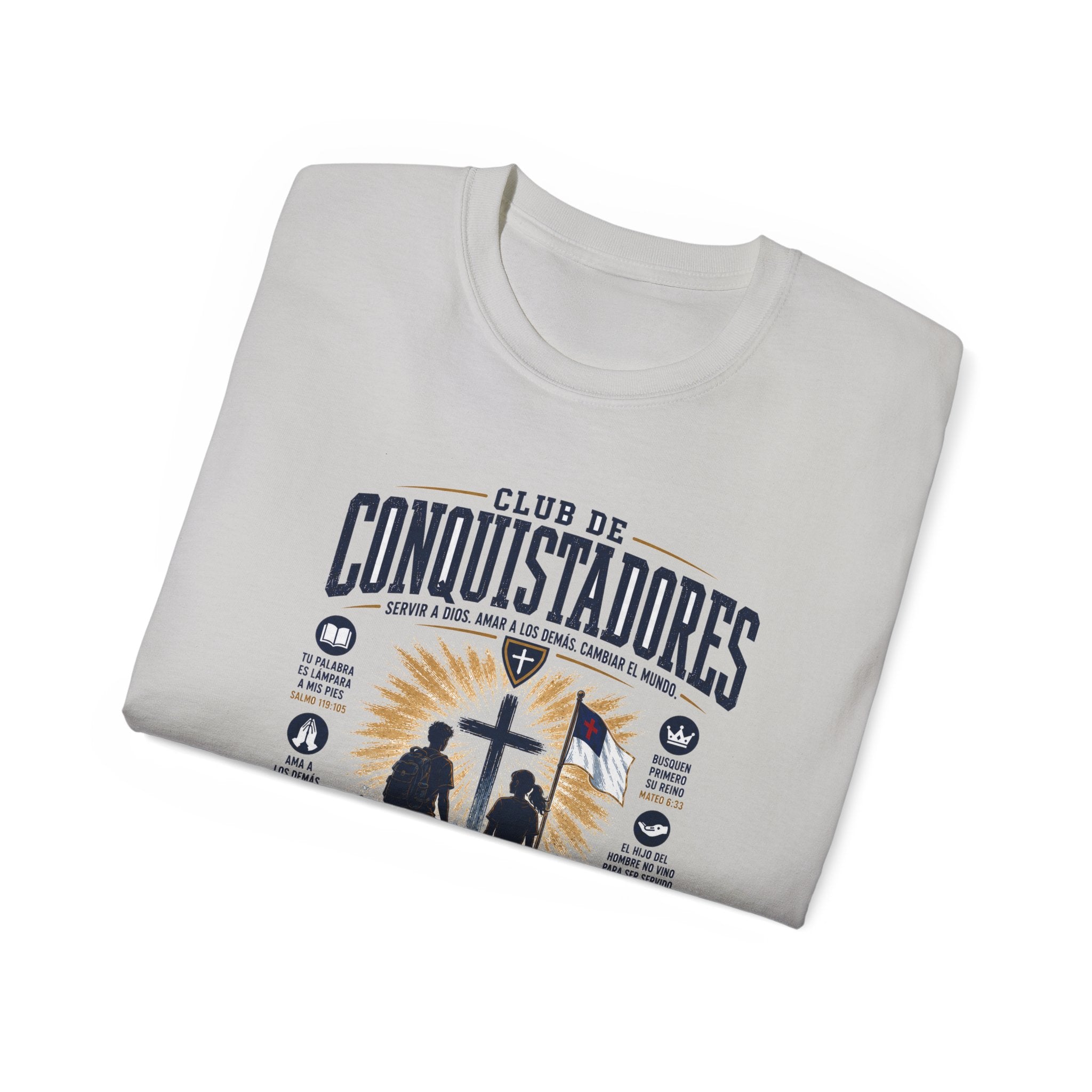 Conquistadores comprometido con su misión T-Shirt | Silueta de cruz cristiana, diseño de insignia de fe