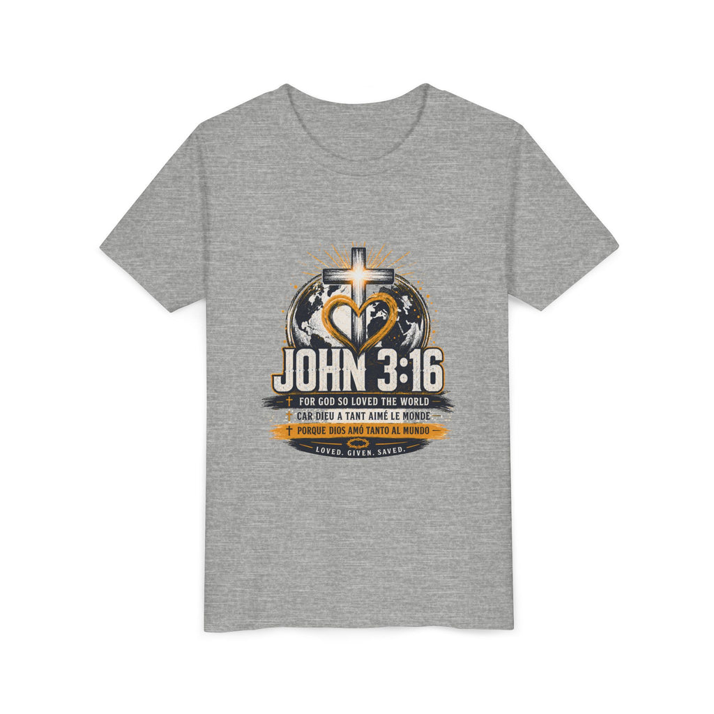 T-shirt pour jeune Jean 3:16 — T-shirt d'inspiration chrétienne pour enfants avec motif croix et globe