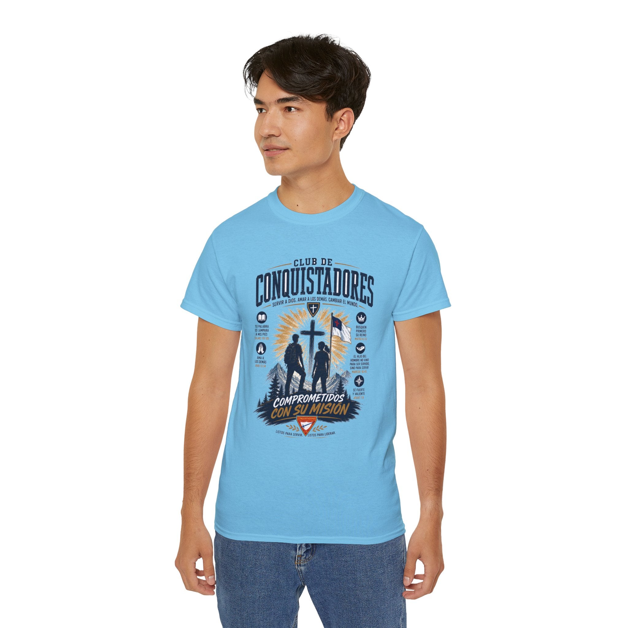 Conquistadores comprometido con su misión T-Shirt | Silueta de cruz cristiana, diseño de insignia de fe