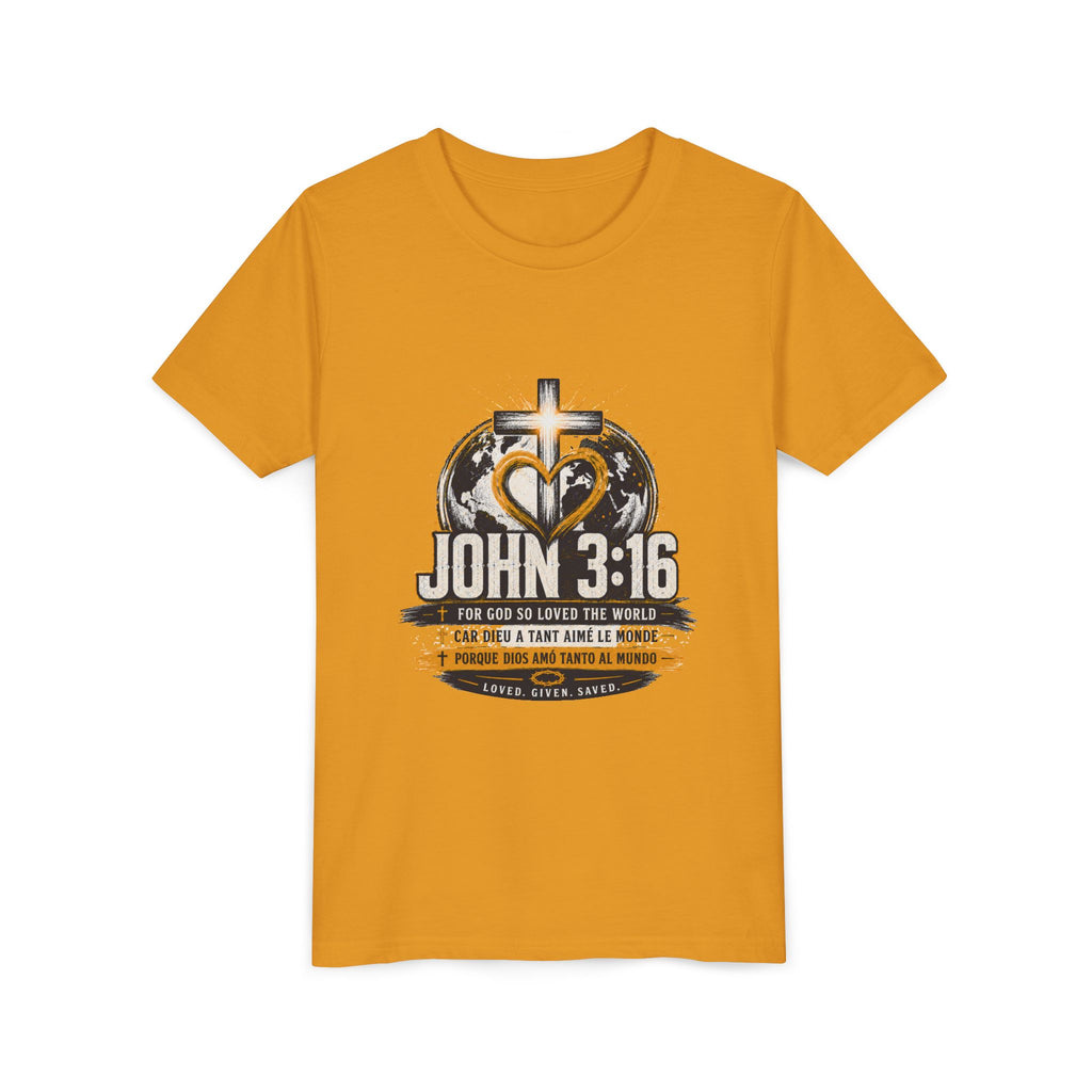 T-shirt pour jeune Jean 3:16 — T-shirt d'inspiration chrétienne pour enfants avec motif croix et globe