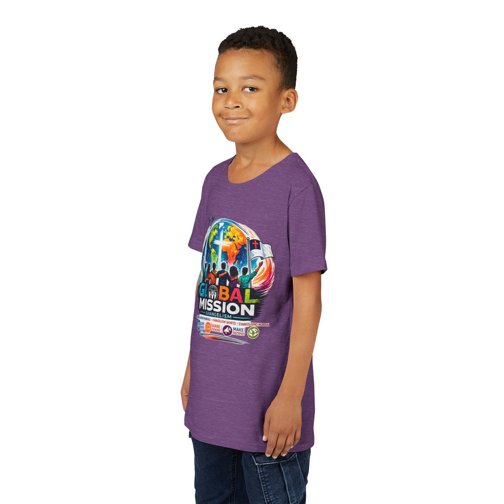 Youth Tee — Global Mission Kids Christian T‑Shirt with Cross & World Design