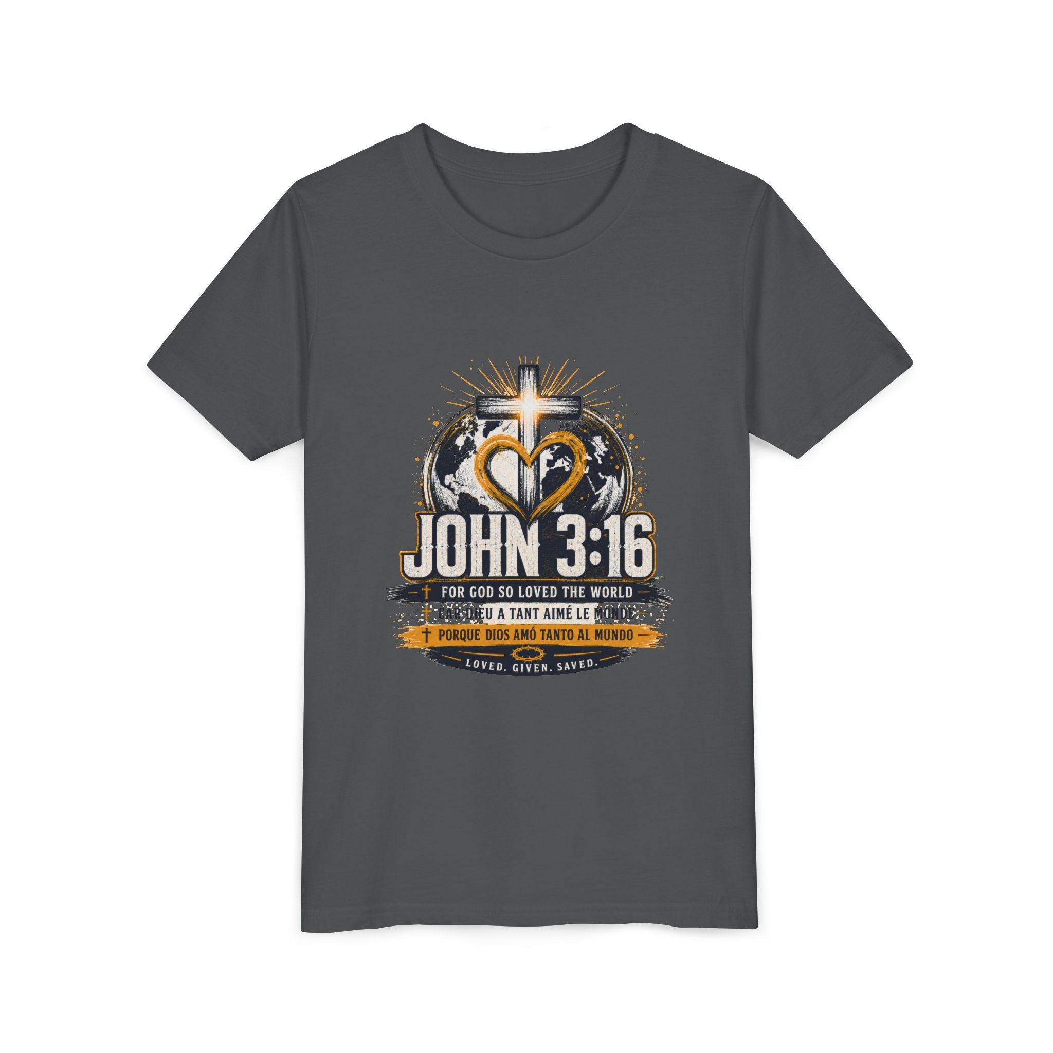John 3:16 Youth Tee — Christian Inspirational Kids Shirt with Cross & Globe Design