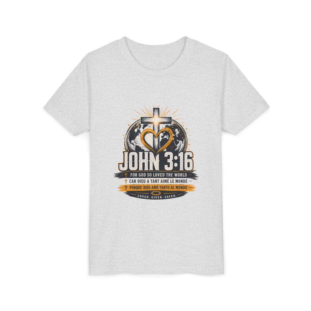 T-shirt pour jeune Jean 3:16 — T-shirt d'inspiration chrétienne pour enfants avec motif croix et globe