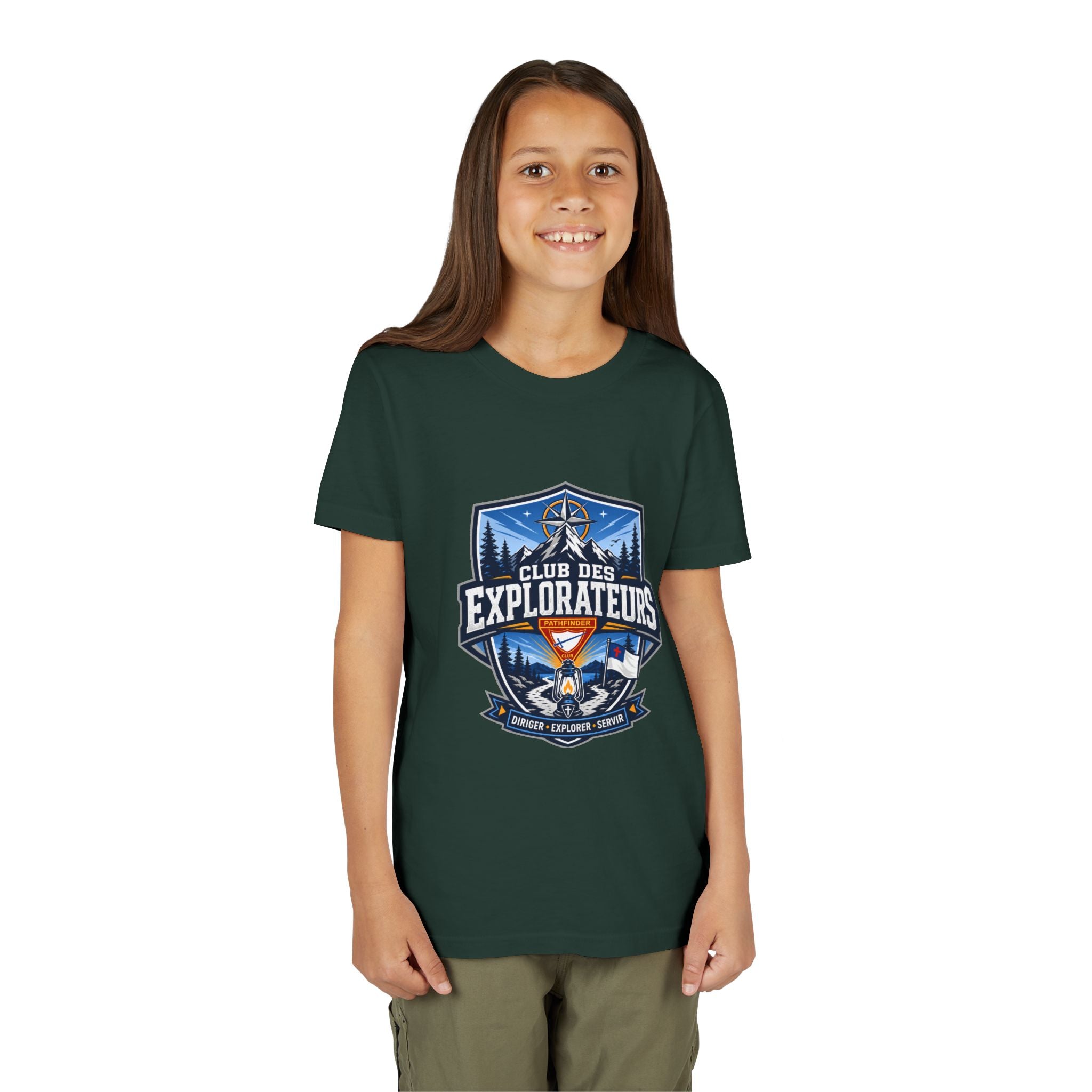 Explorateurs T-shirt pour les jeunes | Compas de camping, feu de camp, pins