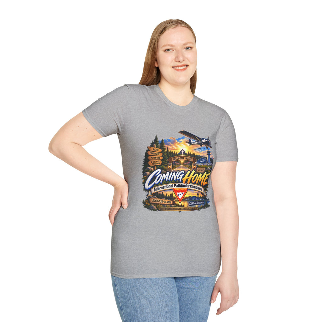 International Pathfinder Camporee 2029 (Stand Strong)- Coming Home T-Shirt — Vintage Airplane Sunset Travel Tee