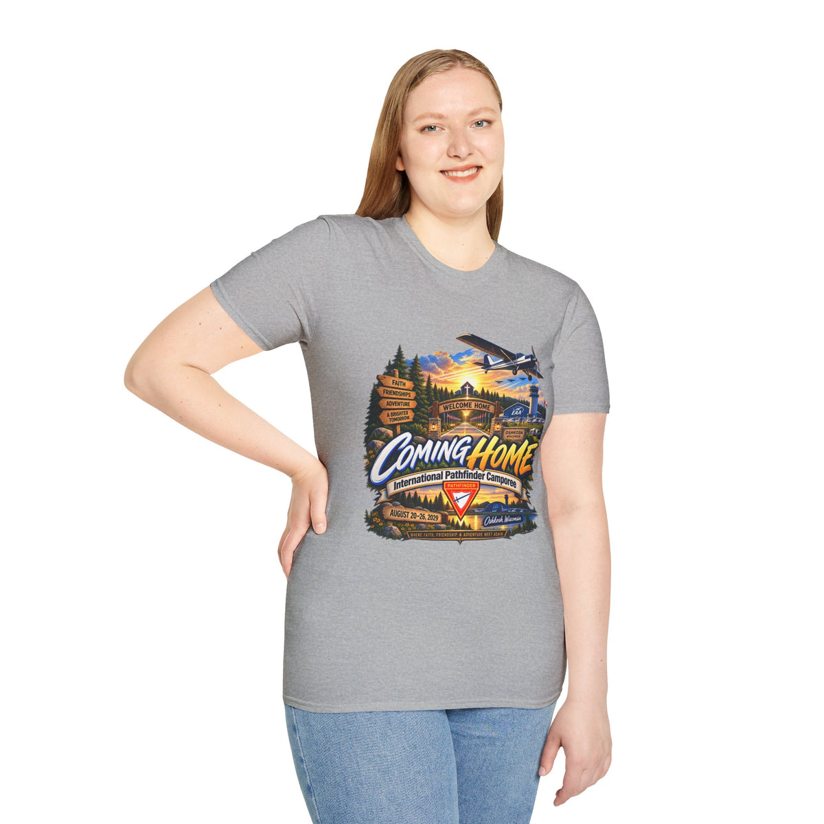 International Pathfinder Camporee 2029 (Stand Strong)- Coming Home T-Shirt — Vintage Airplane Sunset Travel Tee