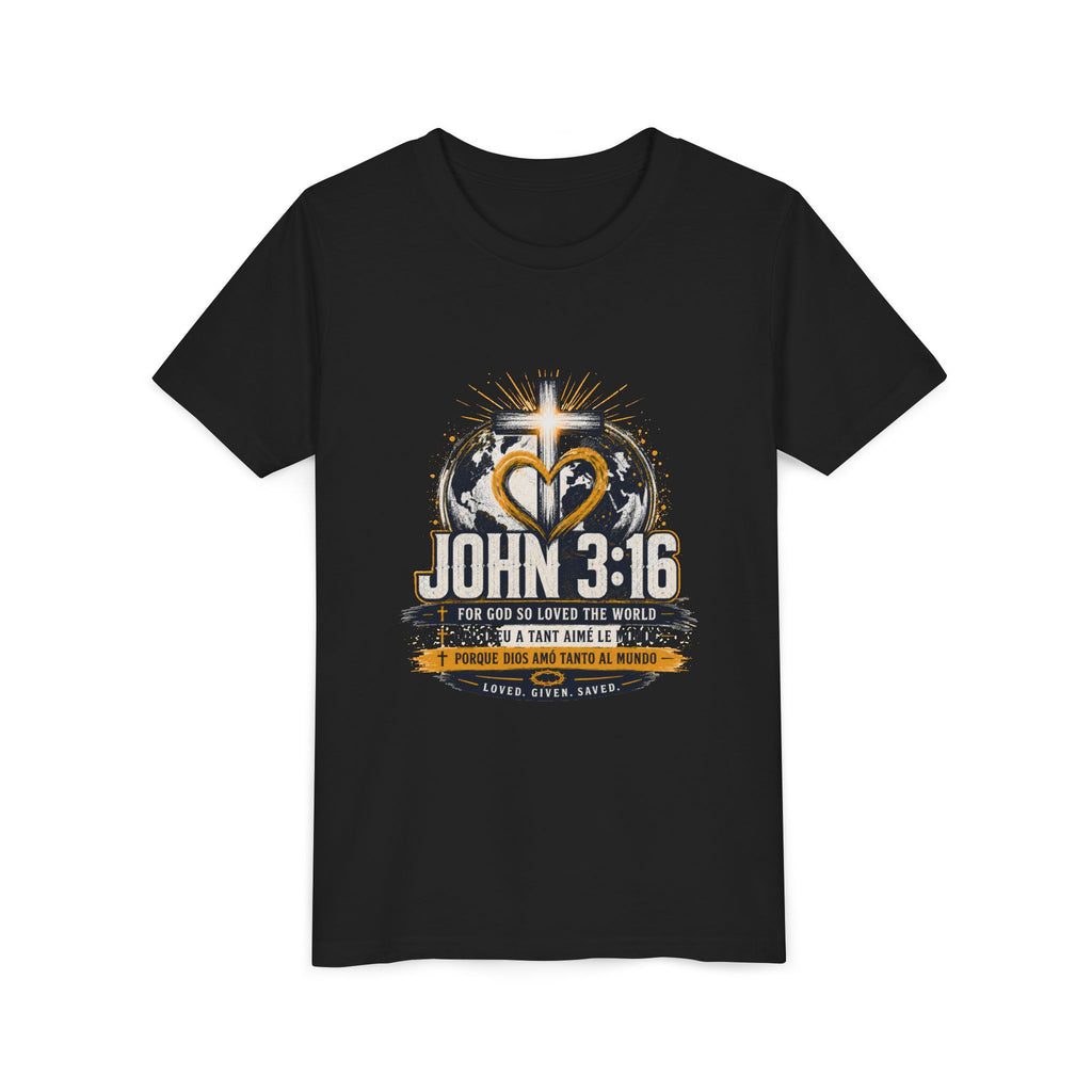 T-shirt pour jeune Jean 3:16 — T-shirt d'inspiration chrétienne pour enfants avec motif croix et globe