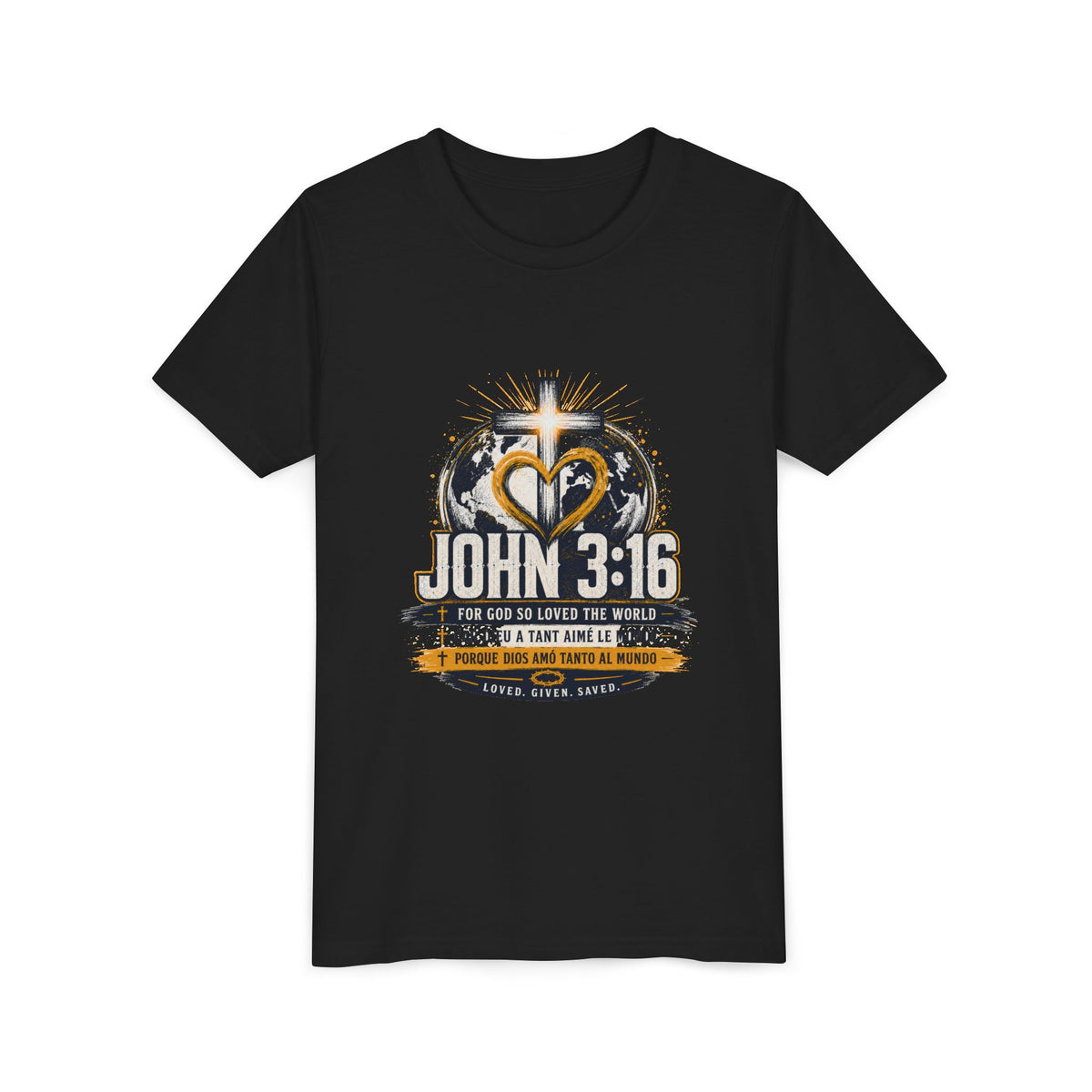 T-shirt pour jeune Jean 3:16 — T-shirt d'inspiration chrétienne pour enfants avec motif croix et globe