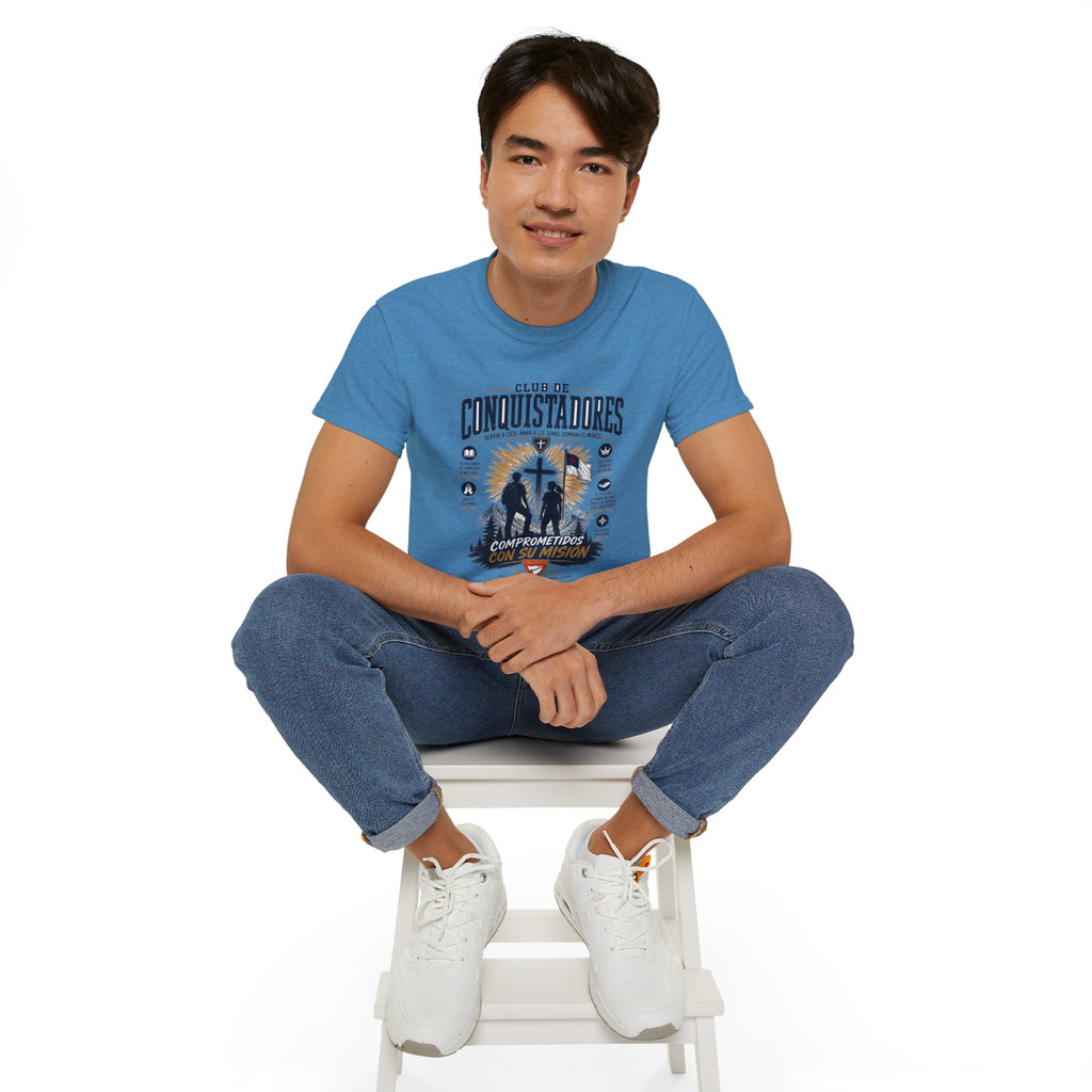 Conquistadores comprometido con su misión T-Shirt | Silueta de cruz cristiana, diseño de insignia de fe