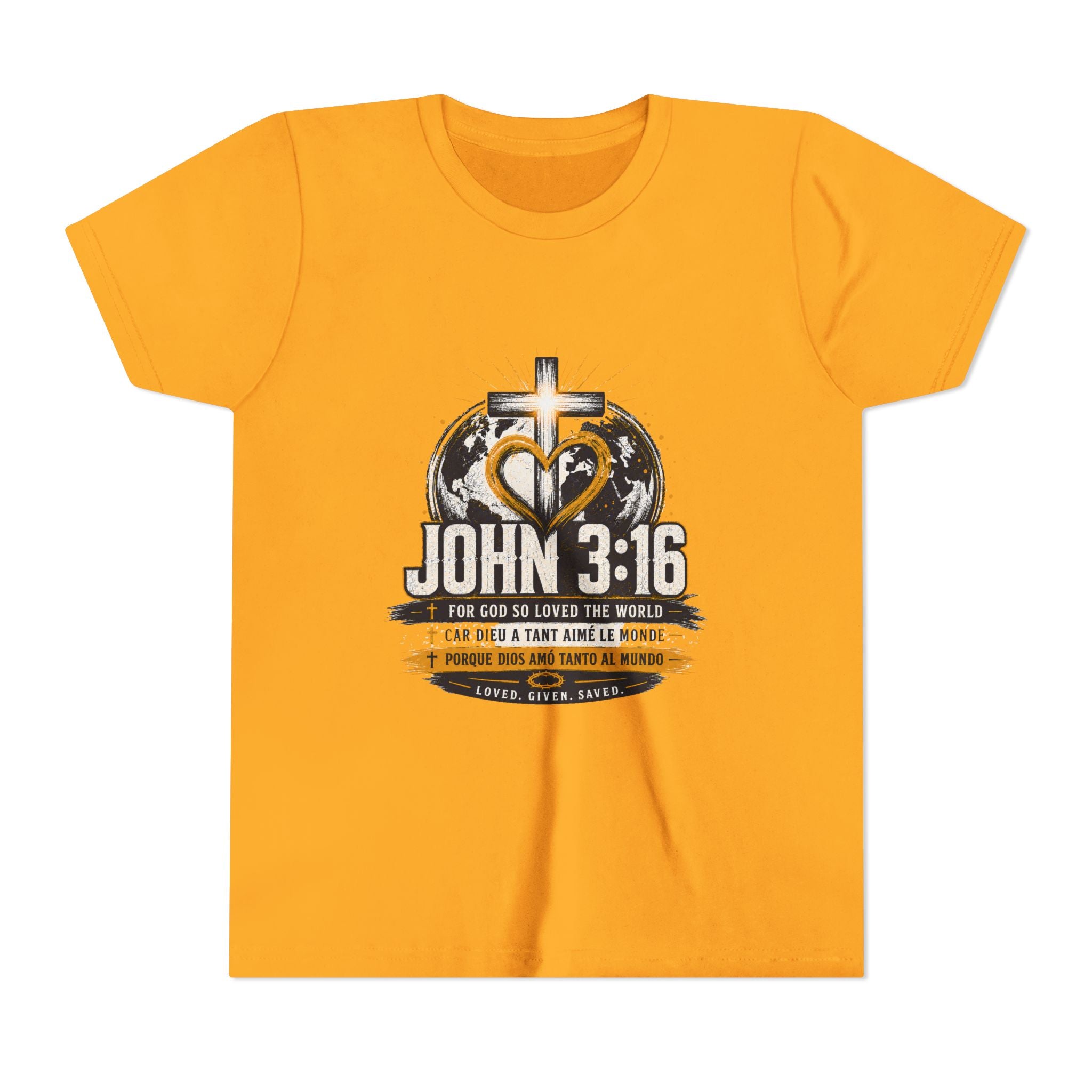 John 3:16 Youth Tee — Christian Inspirational Kids Shirt with Cross & Globe Design