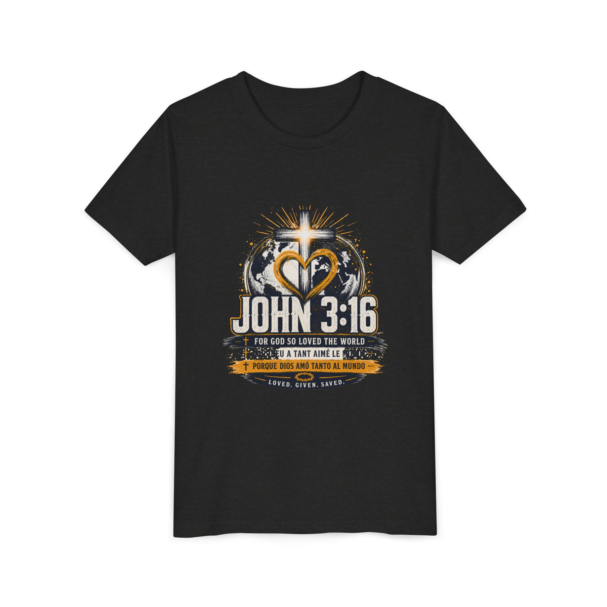 T-shirt pour jeune Jean 3:16 — T-shirt d'inspiration chrétienne pour enfants avec motif croix et globe