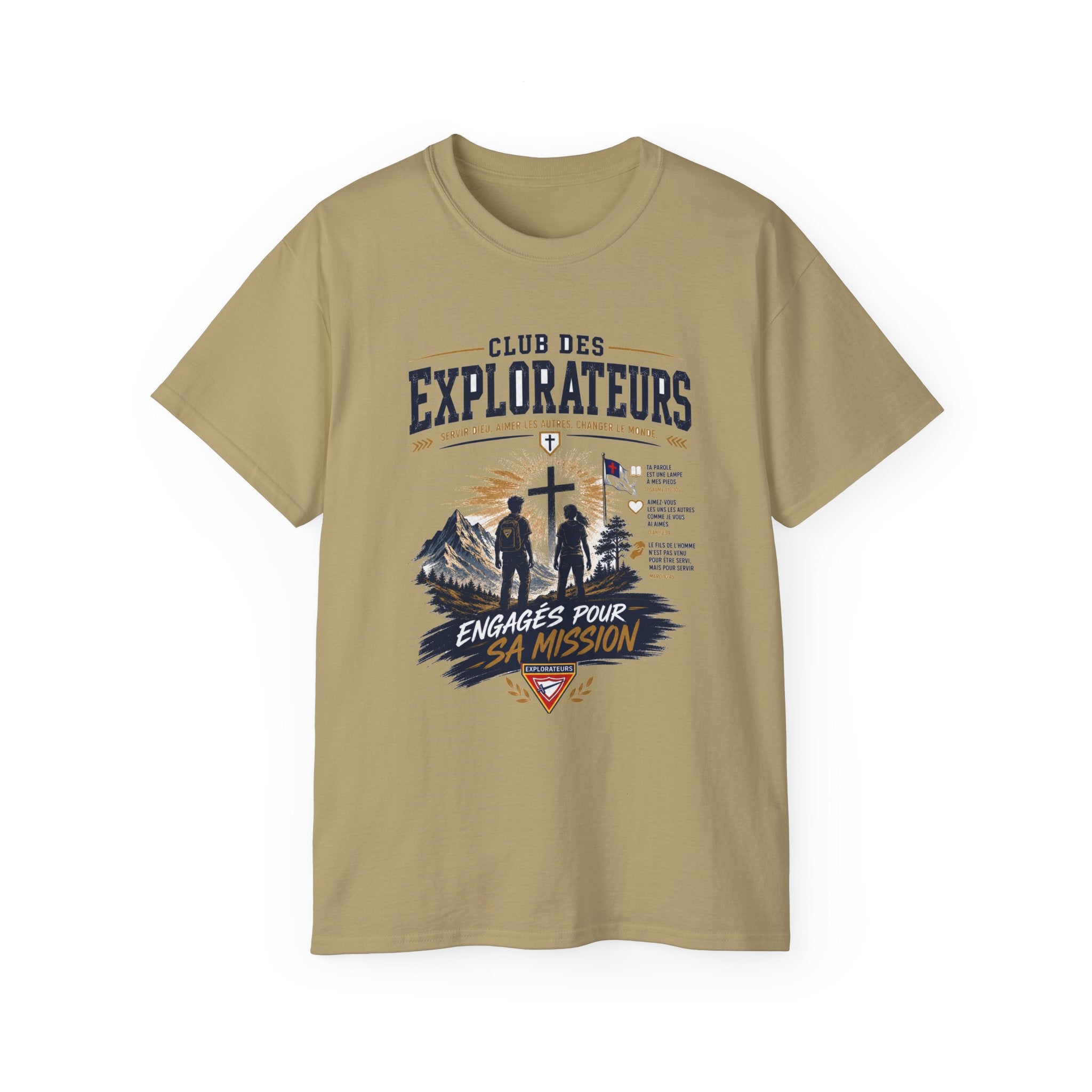 Explorateurs engagés dans leur mission T-shirt | Croix chrétienne silhouette, design d’insigne de foi