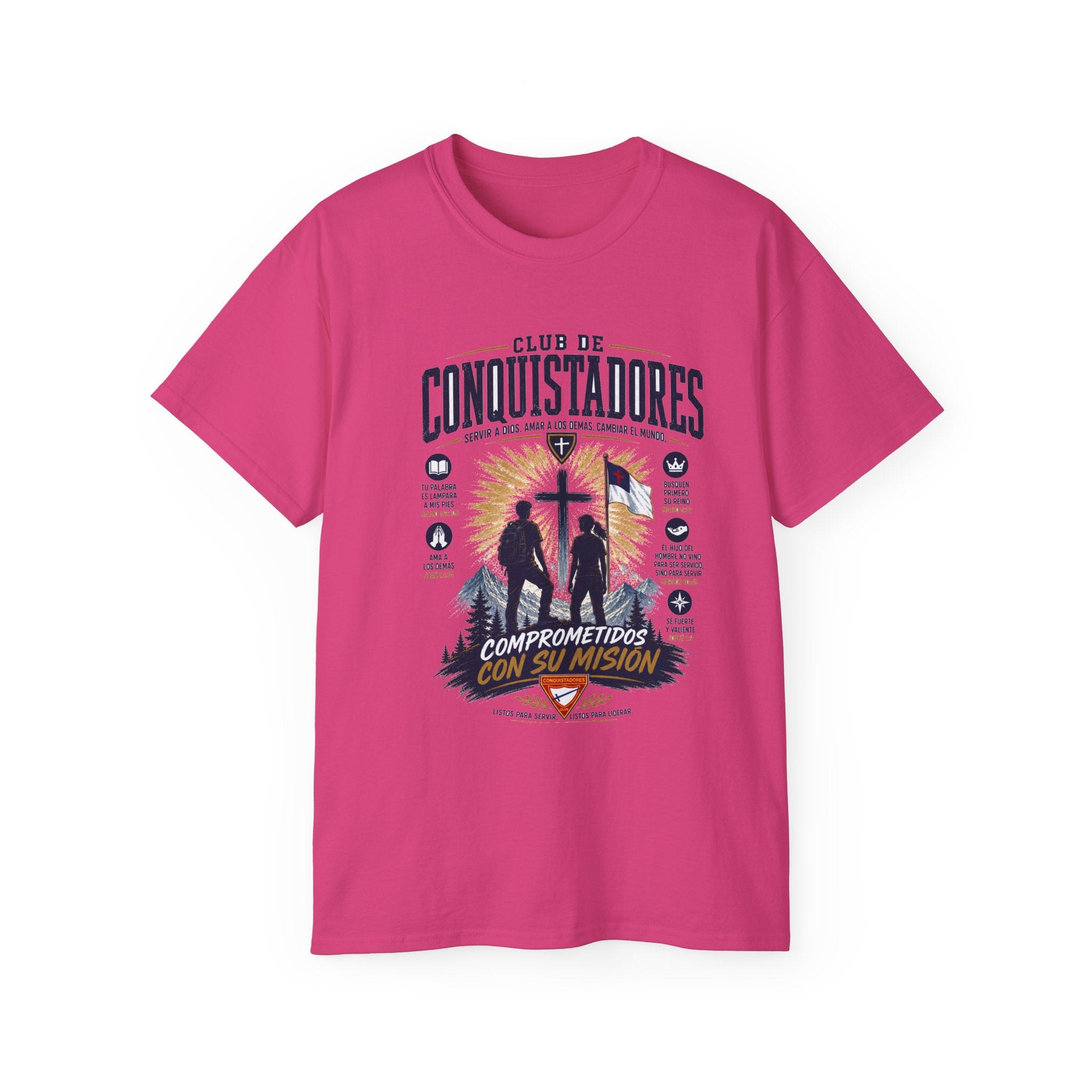 Conquistadores comprometido con su misión T-Shirt | Silueta de cruz cristiana, diseño de insignia de fe