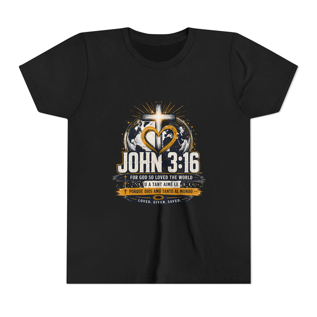 T-shirt pour jeune Jean 3:16 — T-shirt d'inspiration chrétienne pour enfants avec motif croix et globe