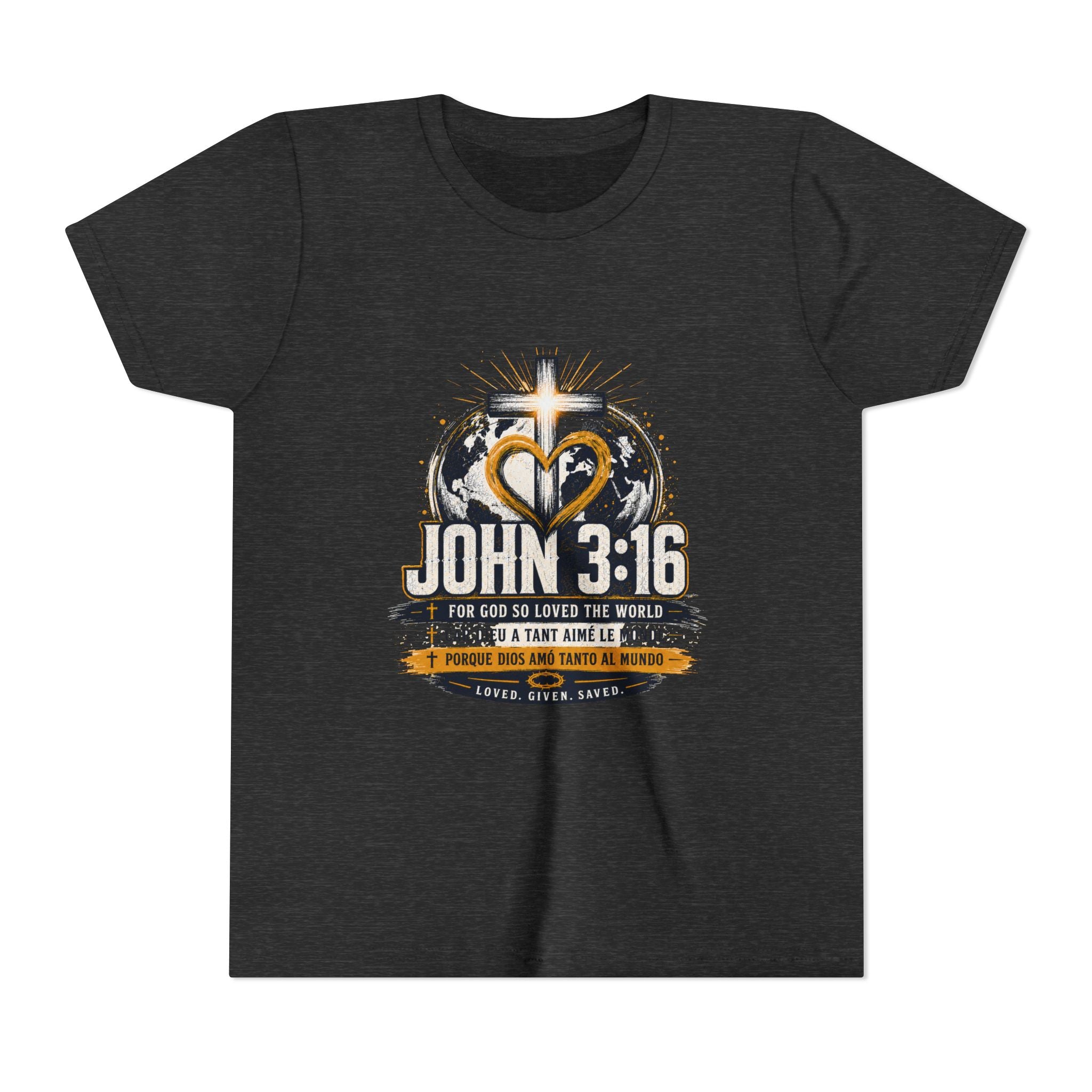 John 3:16 Youth Tee — Christian Inspirational Kids Shirt with Cross & Globe Design