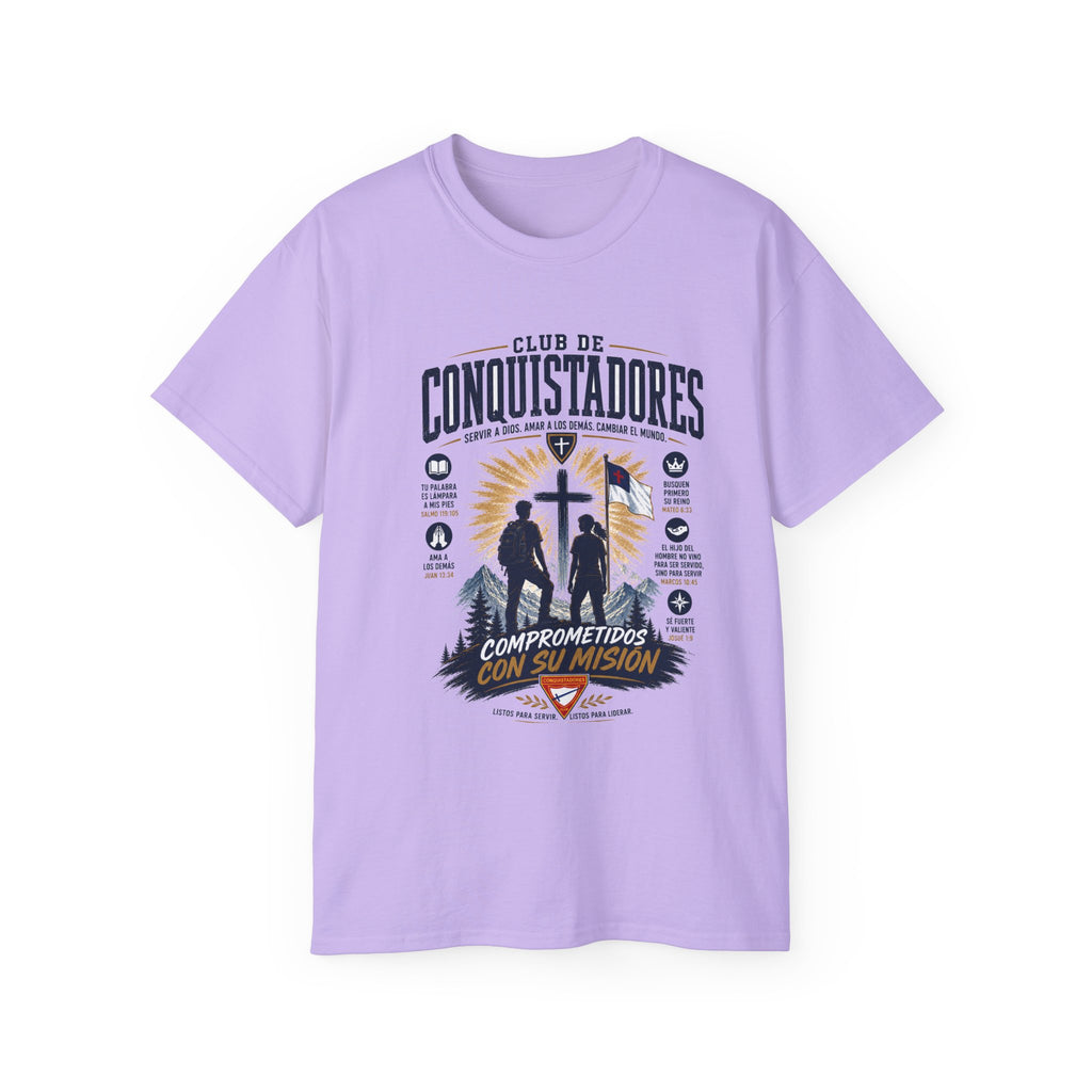 Conquistadores comprometido con su misión T-Shirt | Silueta de cruz cristiana, diseño de insignia de fe