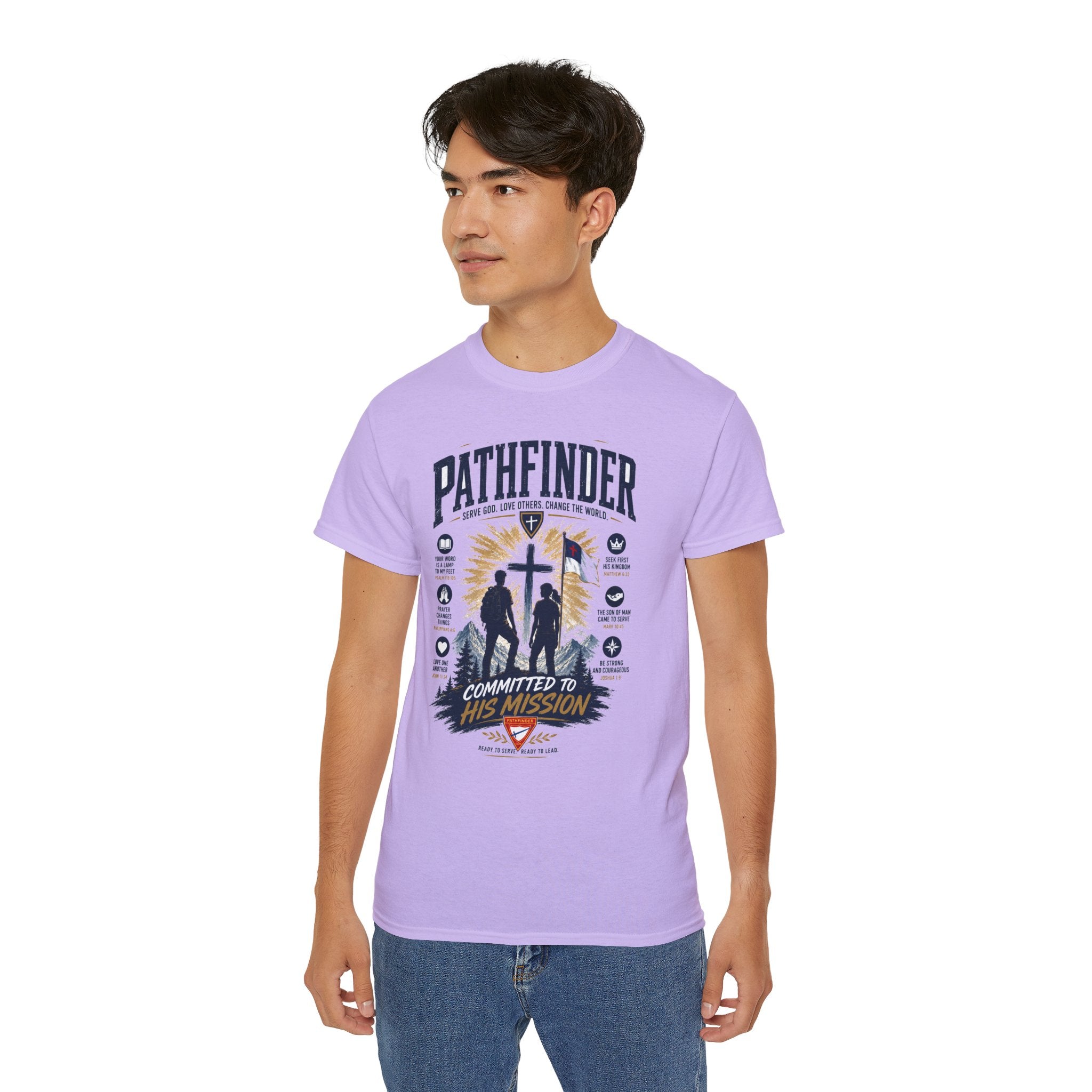 Pathfinder committed to his mission T-Shirt | Christian cross silhouette, faith badge design