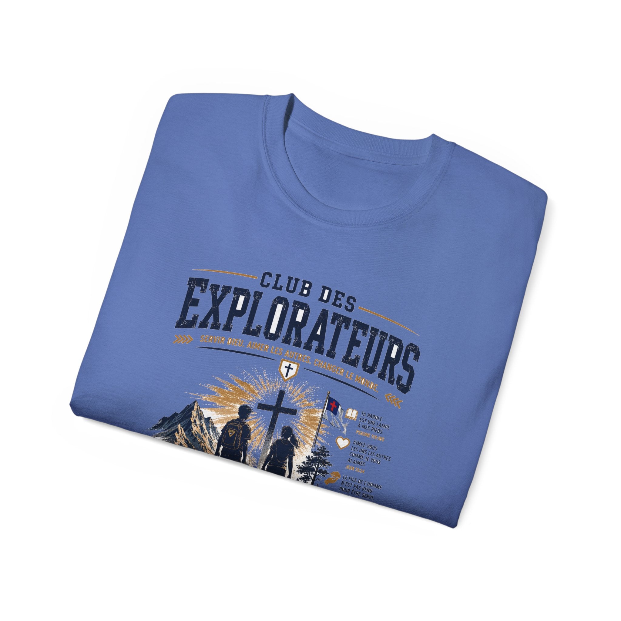 Explorateurs engagés dans leur mission T-shirt | Croix chrétienne silhouette, design d’insigne de foi
