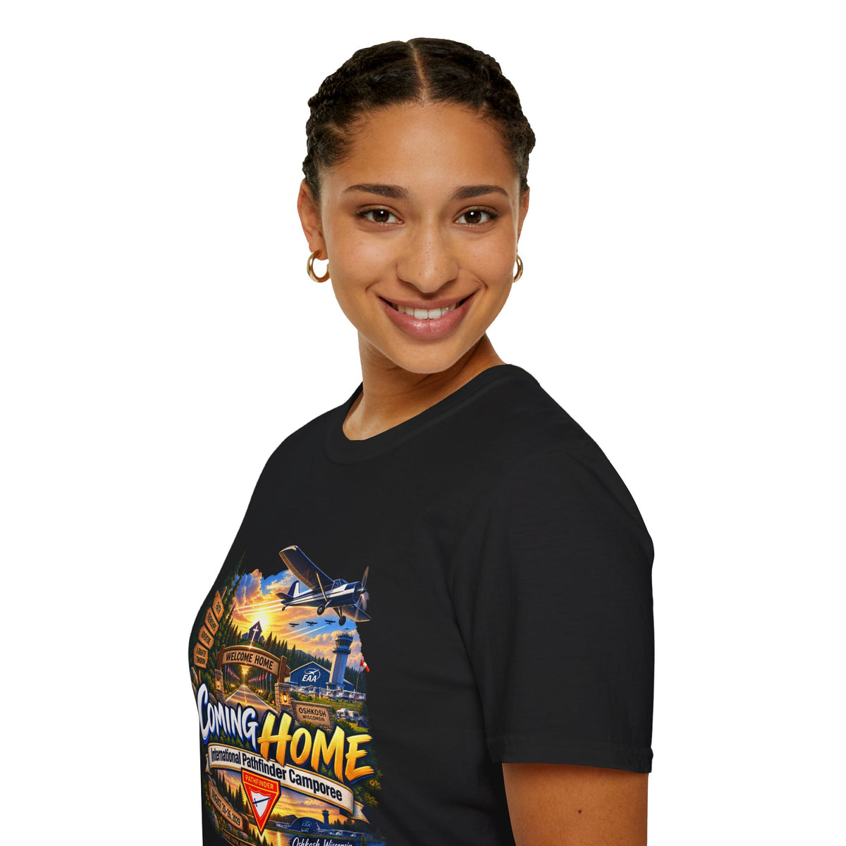 International Pathfinder Camporee 2029 (Stand Strong)- Coming Home T-Shirt — Vintage Airplane Sunset Travel Tee