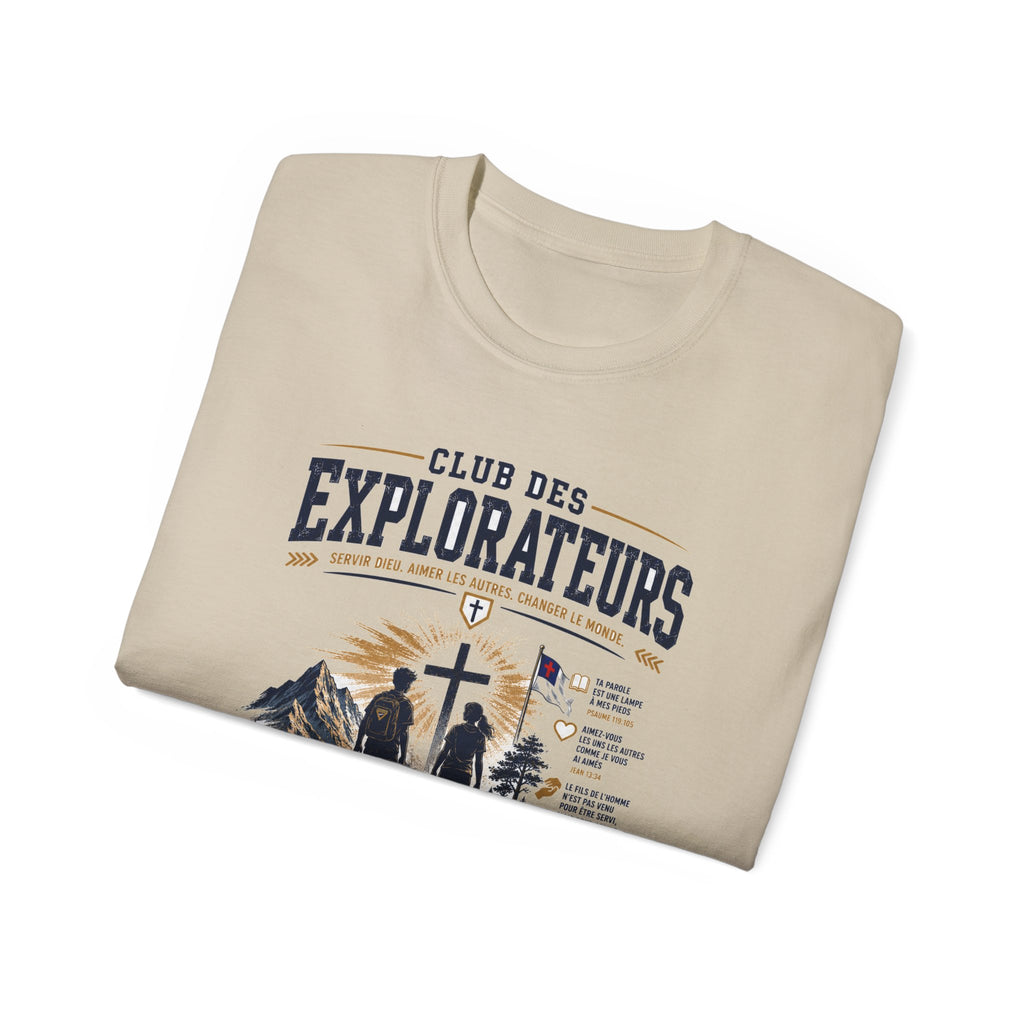 Explorateurs engagés dans leur mission T-shirt | Croix chrétienne silhouette, design d’insigne de foi