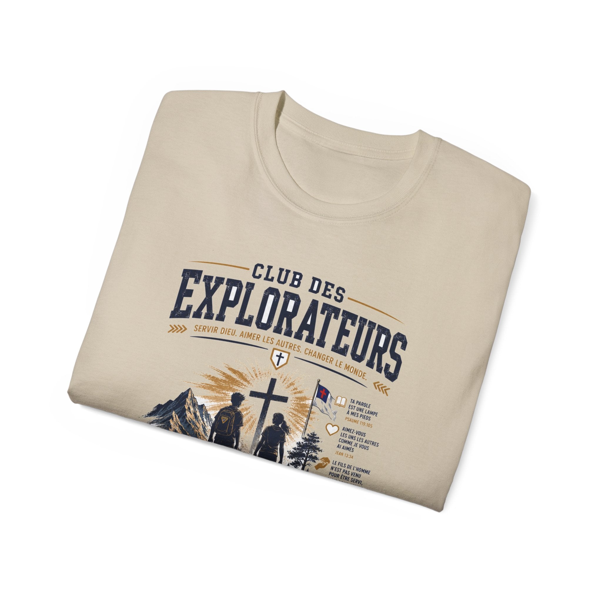 Explorateurs engagés dans leur mission T-shirt | Croix chrétienne silhouette, design d’insigne de foi