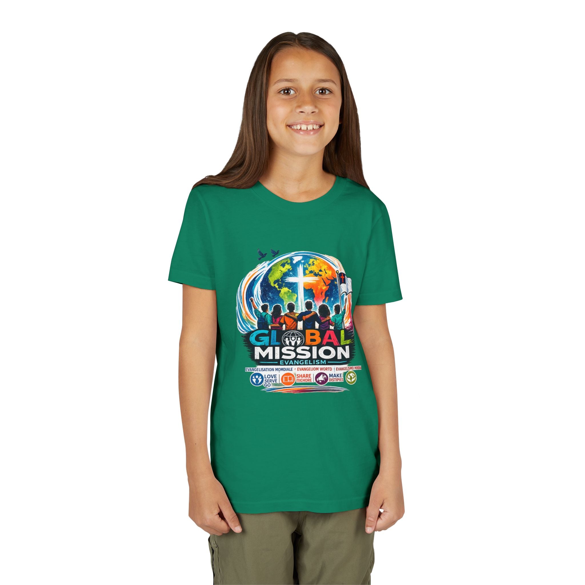 Youth Tee — Global Mission Kids Christian T‑Shirt with Cross & World Design