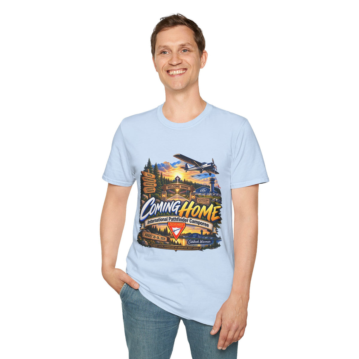International Pathfinder Camporee 2029 (Stand Strong)- Coming Home T-Shirt — Vintage Airplane Sunset Travel Tee