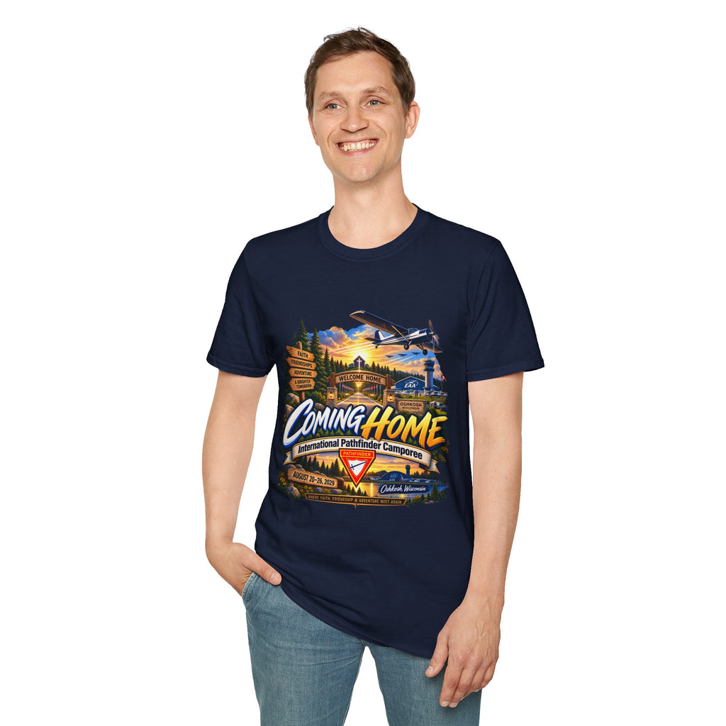 International Pathfinder Camporee 2029 (Stand Strong)- Coming Home T-Shirt — Vintage Airplane Sunset Travel Tee