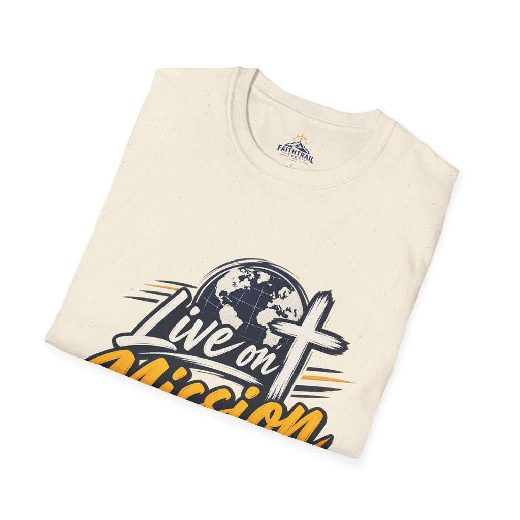 Live on Mission T-Shirt — Inspirational Christian Faith Tee with Globe & Cross Design