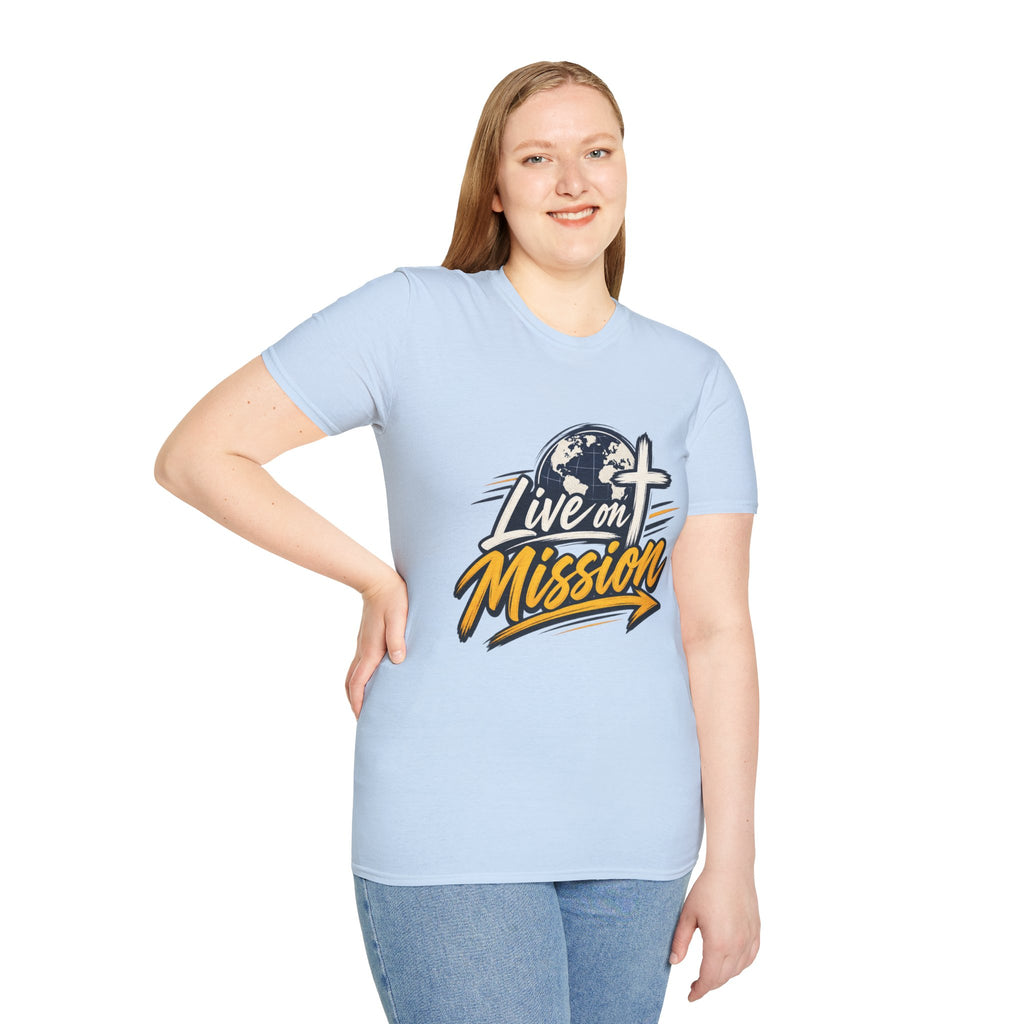 Live on Mission T-Shirt — Inspirational Christian Faith Tee with Globe & Cross Design