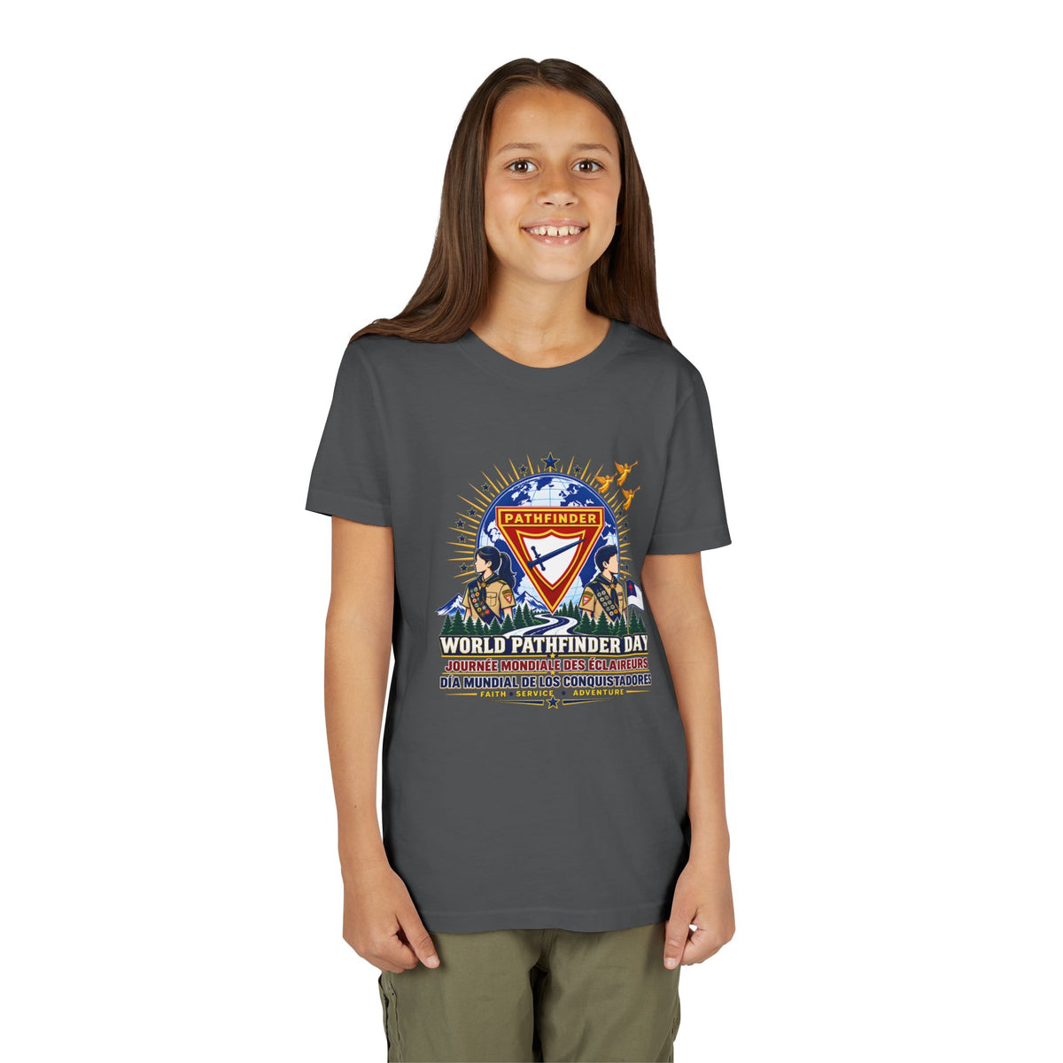 Youth Tee — World Pathfinder Day Badge Graphic (Trilingual)