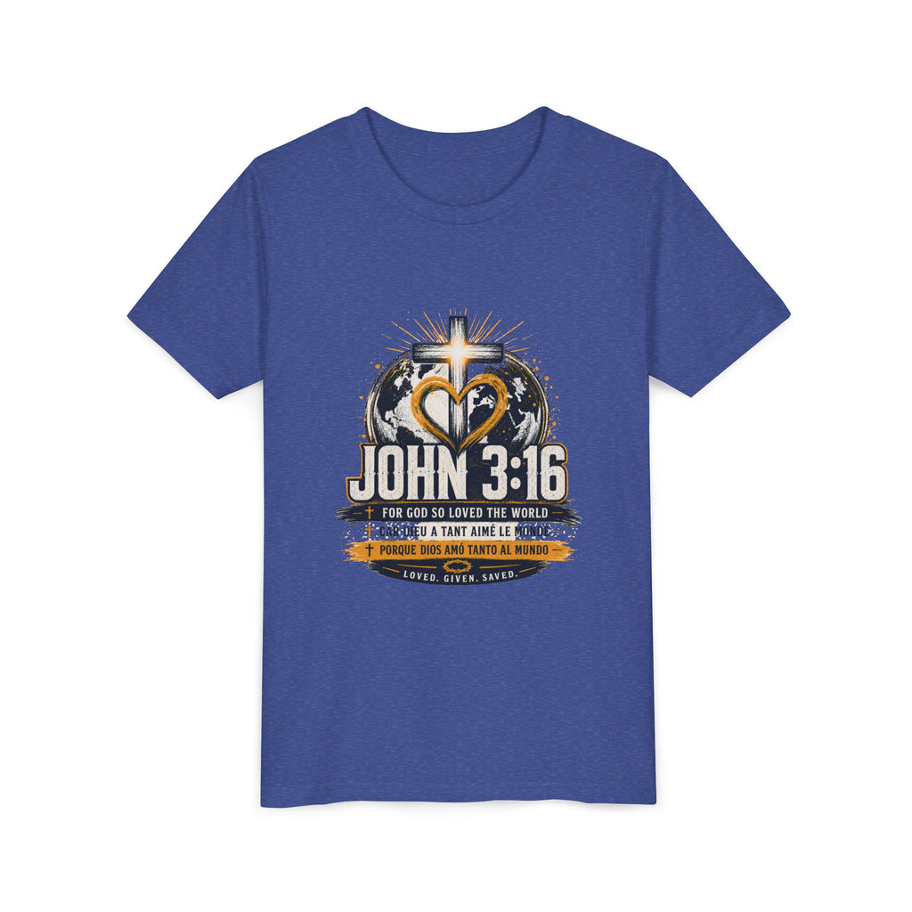 T-shirt pour jeune Jean 3:16 — T-shirt d'inspiration chrétienne pour enfants avec motif croix et globe