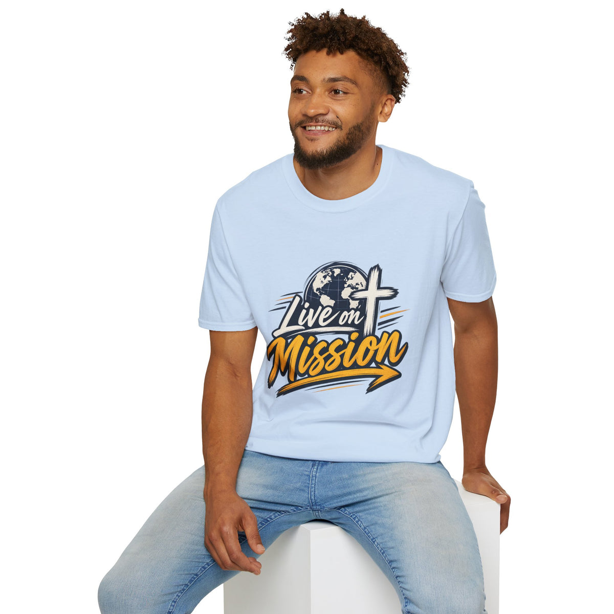 Live on Mission T-Shirt — Inspirational Christian Faith Tee with Globe & Cross Design