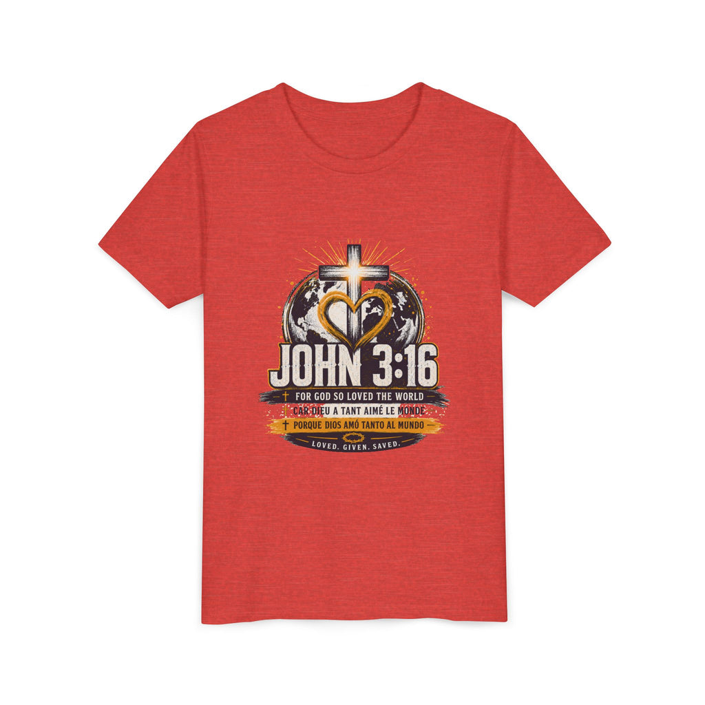 John 3:16 Youth Tee — Christian Inspirational Kids Shirt with Cross & Globe Design