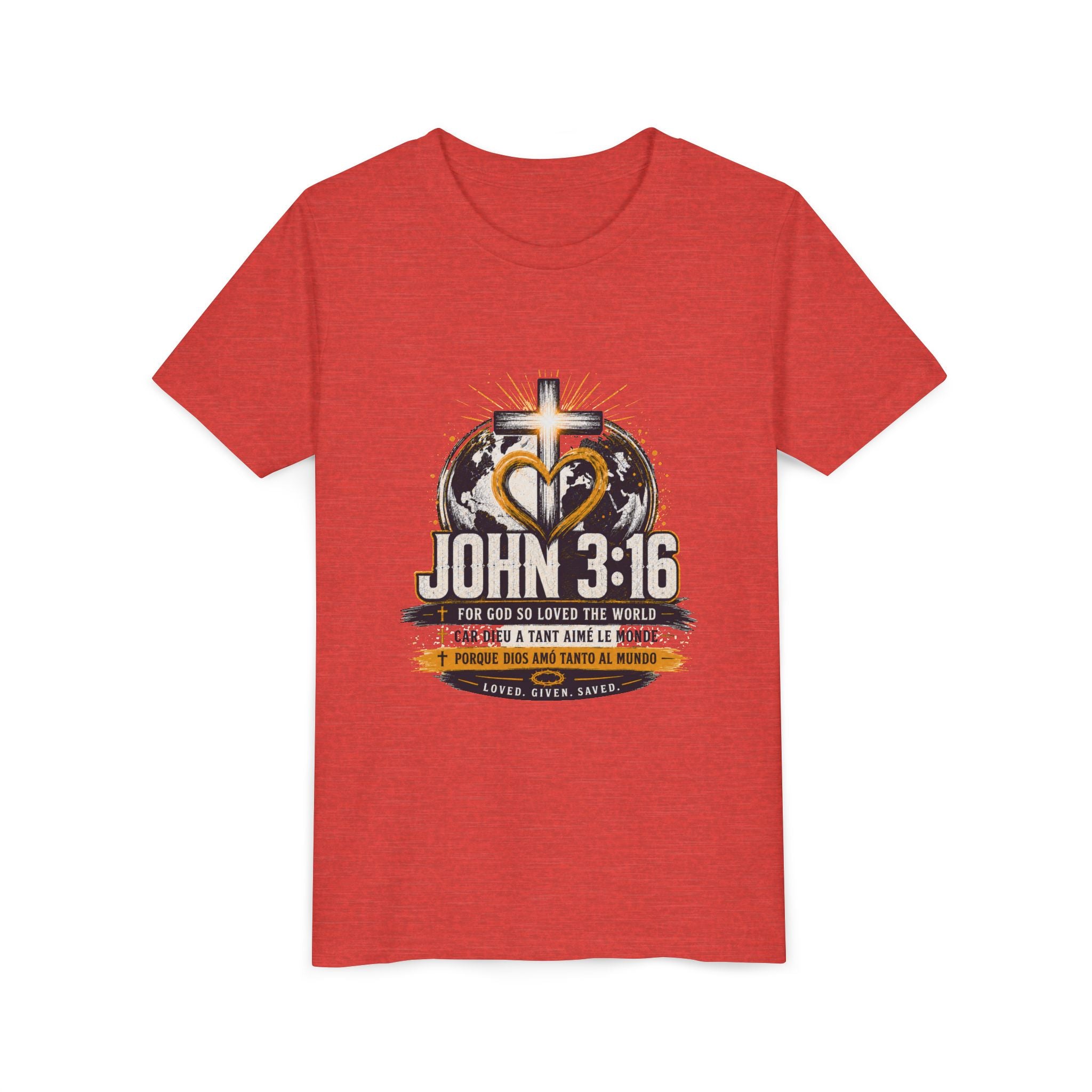 John 3:16 Youth Tee — Christian Inspirational Kids Shirt with Cross & Globe Design
