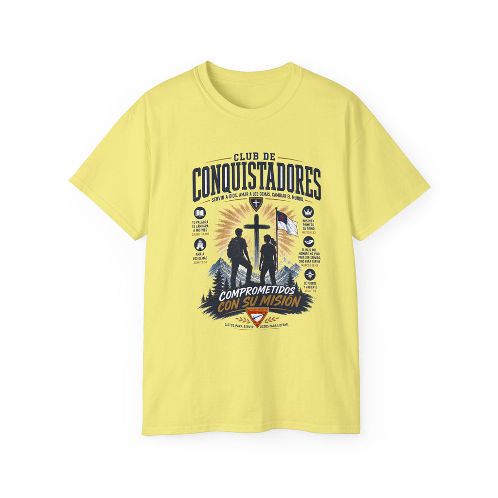 Conquistadores comprometido con su misión T-Shirt | Silueta de cruz cristiana, diseño de insignia de fe
