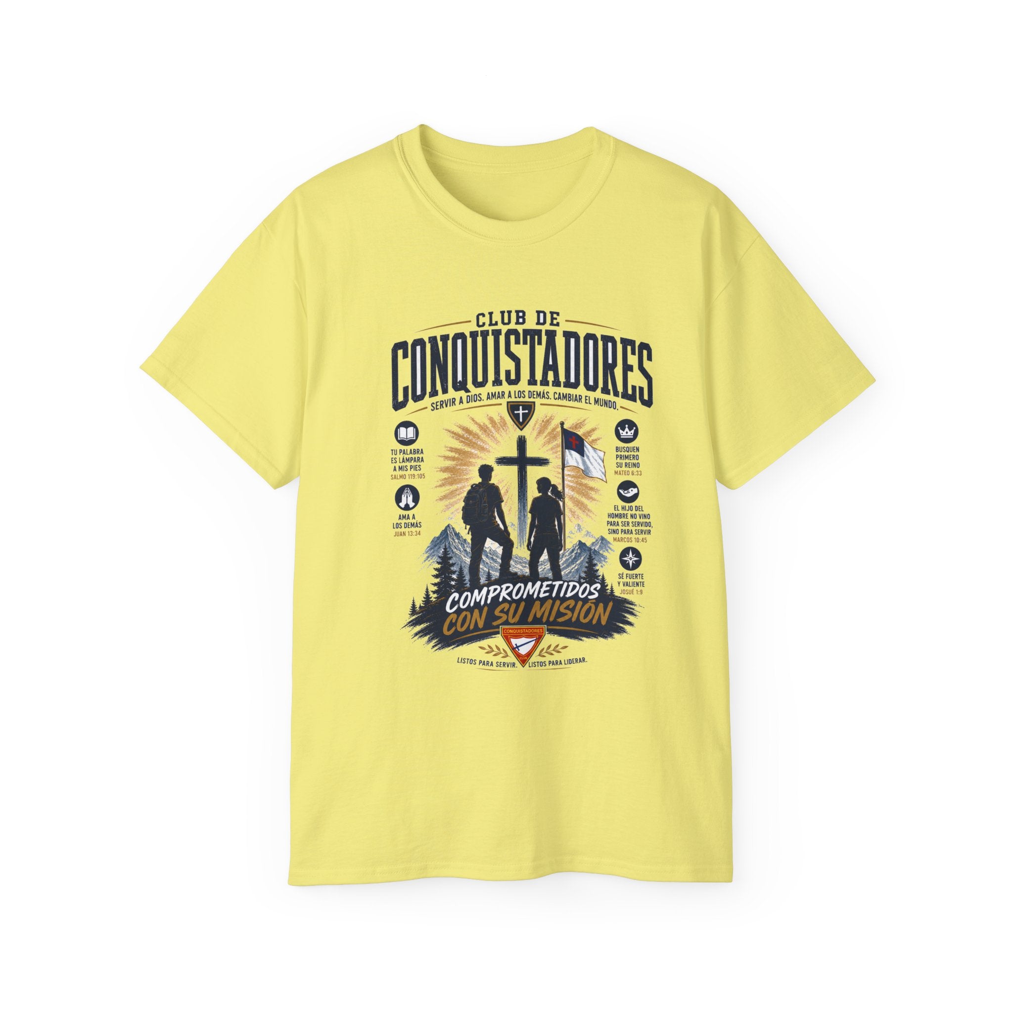 Conquistadores comprometido con su misión T-Shirt | Silueta de cruz cristiana, diseño de insignia de fe