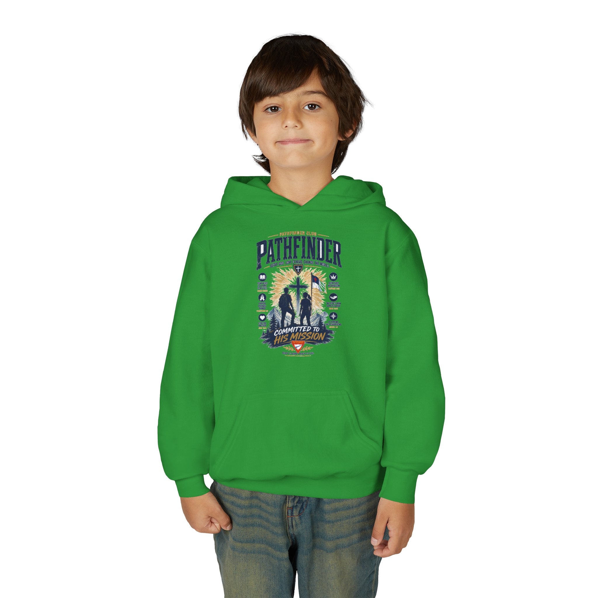 Pathfinder Cross Silhouette youth hoodie | Christian scout adventure design