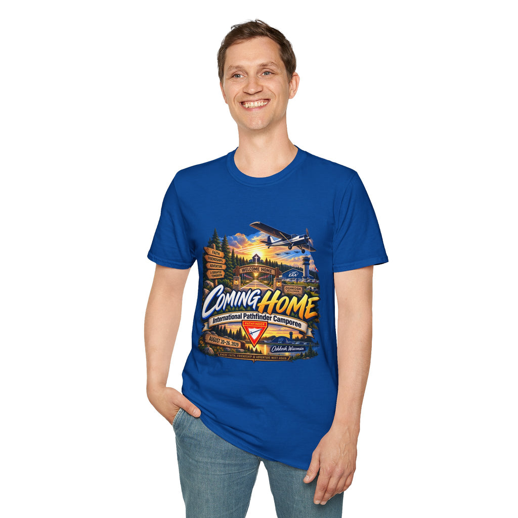International Pathfinder Camporee 2029 (Stand Strong)- Coming Home T-Shirt — Vintage Airplane Sunset Travel Tee