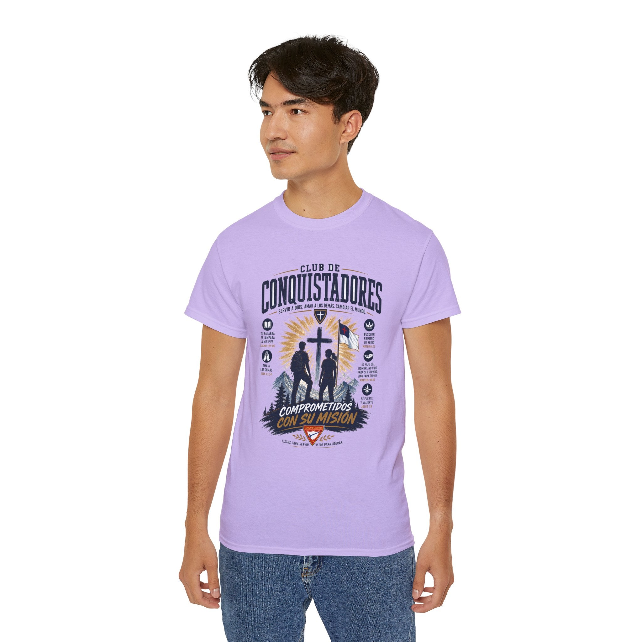 Conquistadores comprometido con su misión T-Shirt | Silueta de cruz cristiana, diseño de insignia de fe