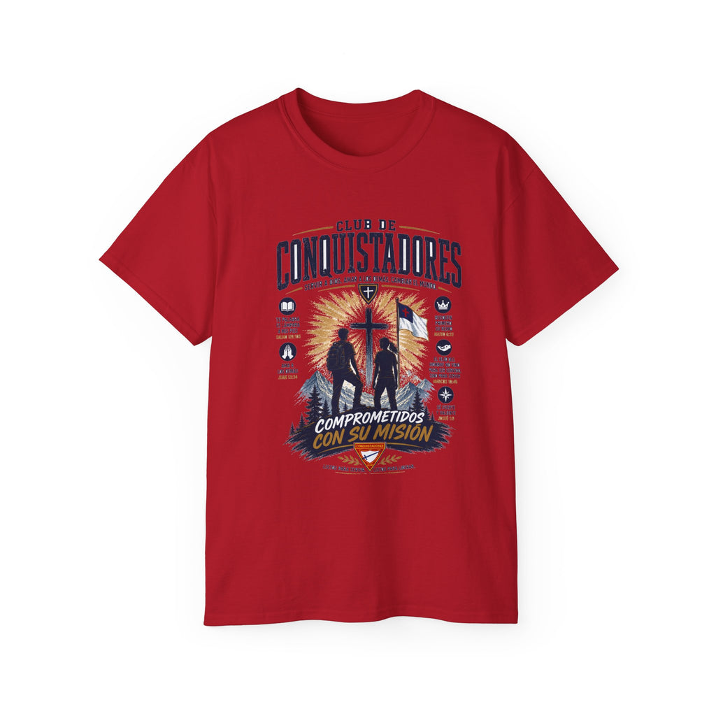 Conquistadores comprometido con su misión T-Shirt | Silueta de cruz cristiana, diseño de insignia de fe
