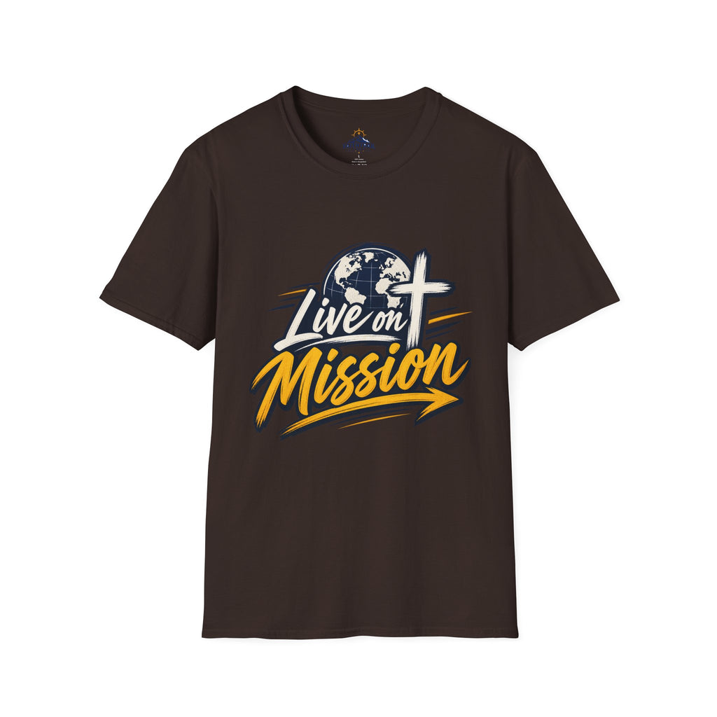 Live on Mission T-Shirt — Inspirational Christian Faith Tee with Globe & Cross Design