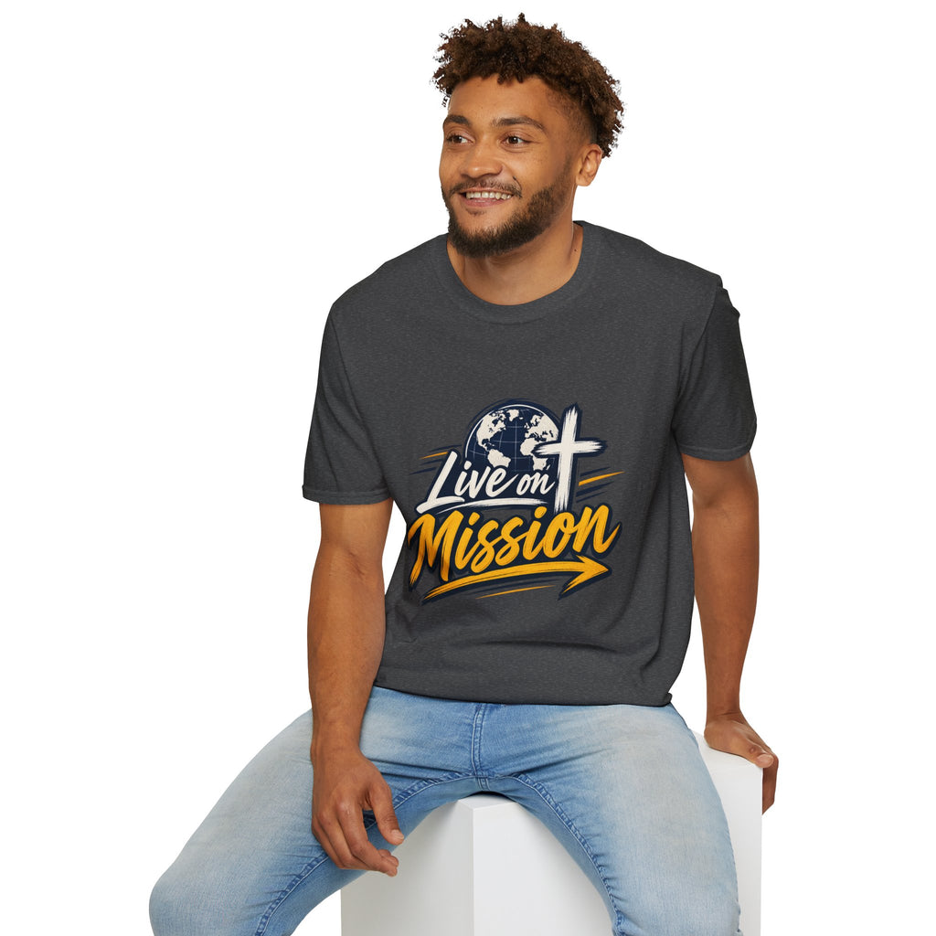 Live on Mission T-Shirt — Inspirational Christian Faith Tee with Globe & Cross Design