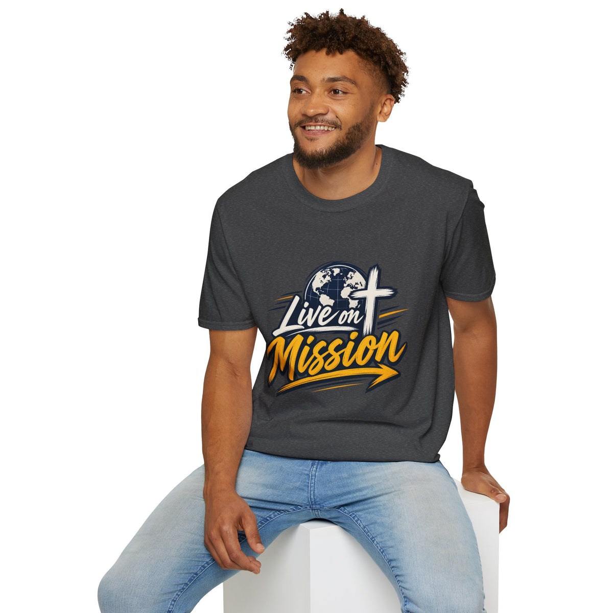 Live on Mission T-Shirt — Inspirational Christian Faith Tee with Globe & Cross Design