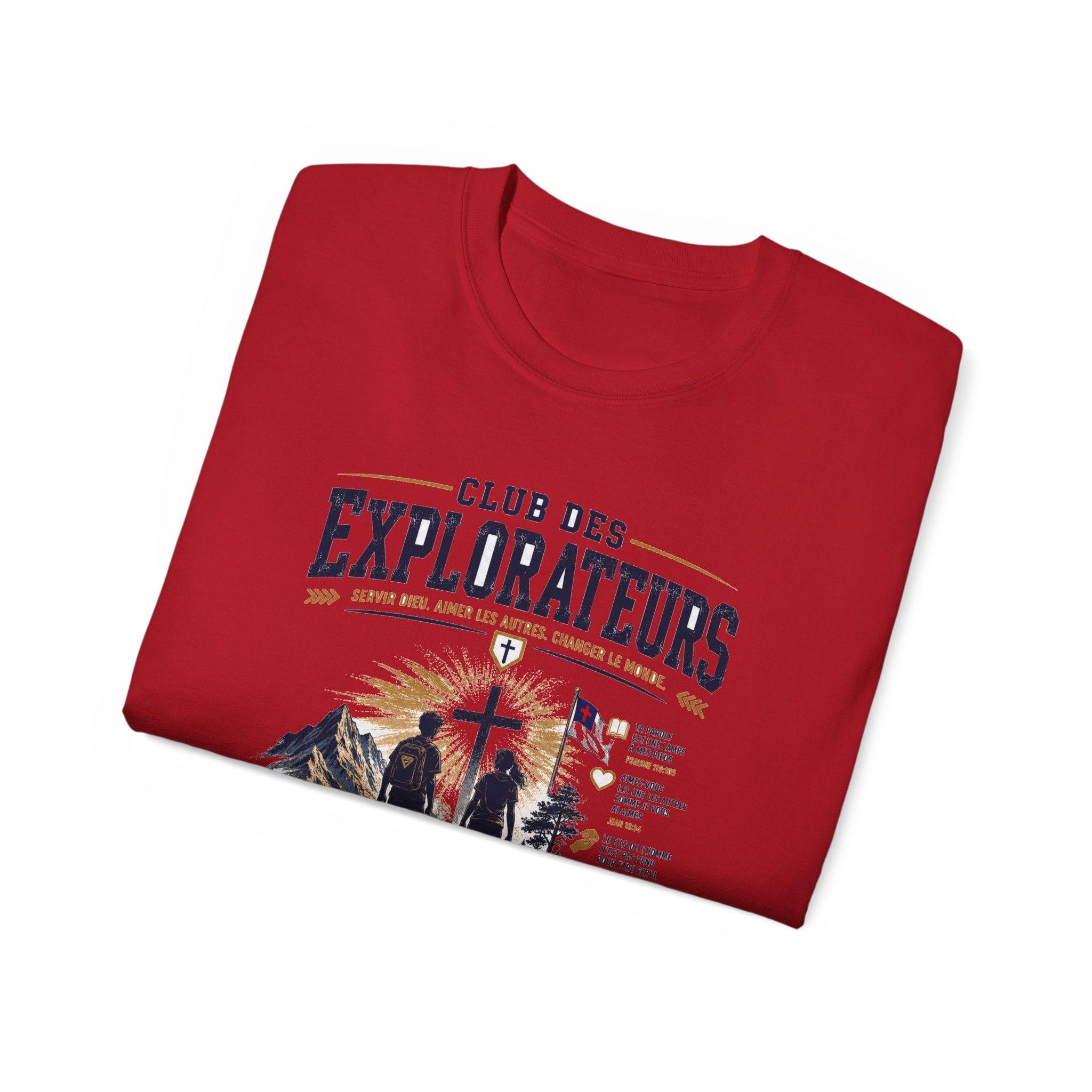 Explorateurs engagés dans leur mission T-shirt | Croix chrétienne silhouette, design d’insigne de foi