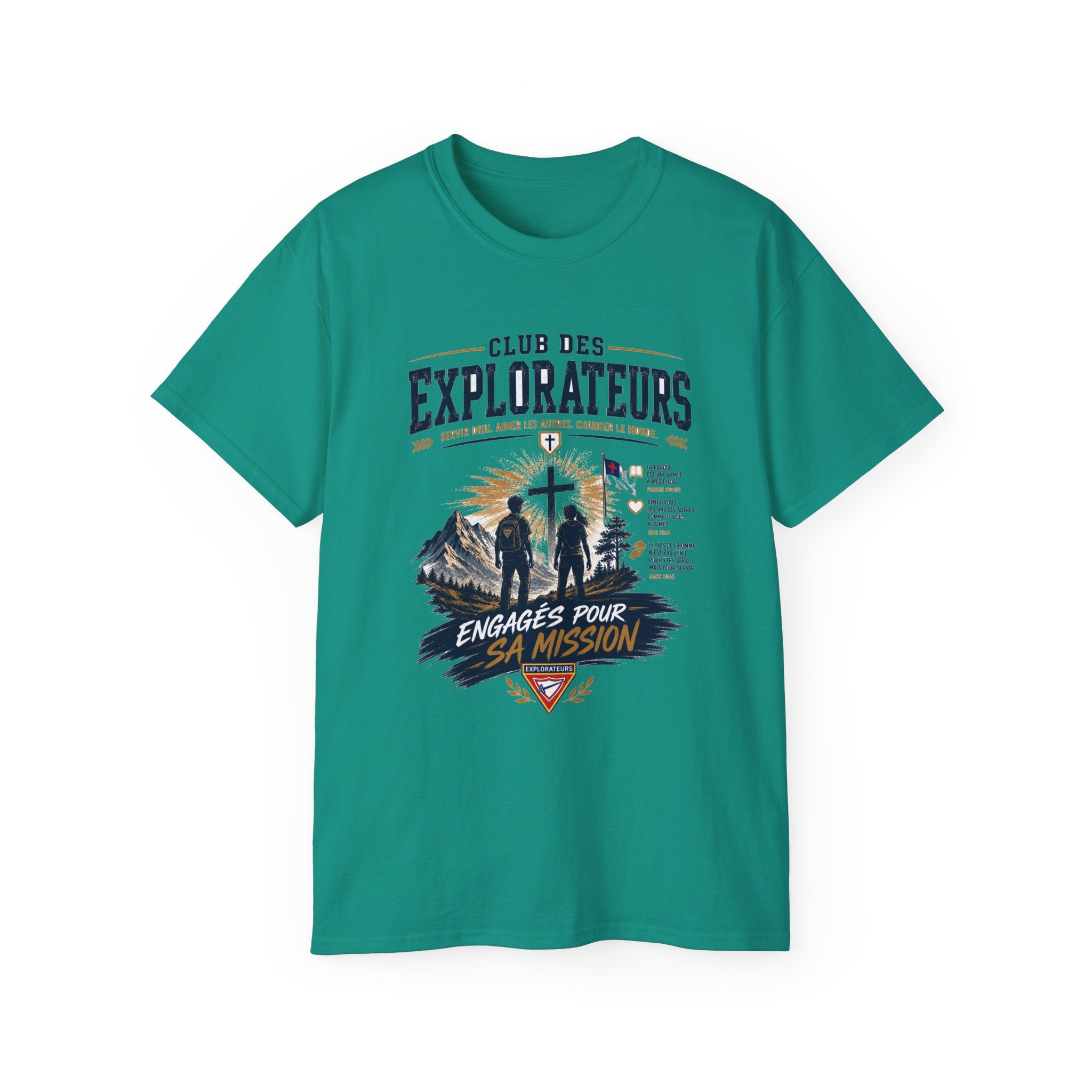 Explorateurs engagés dans leur mission T-shirt | Croix chrétienne silhouette, design d’insigne de foi
